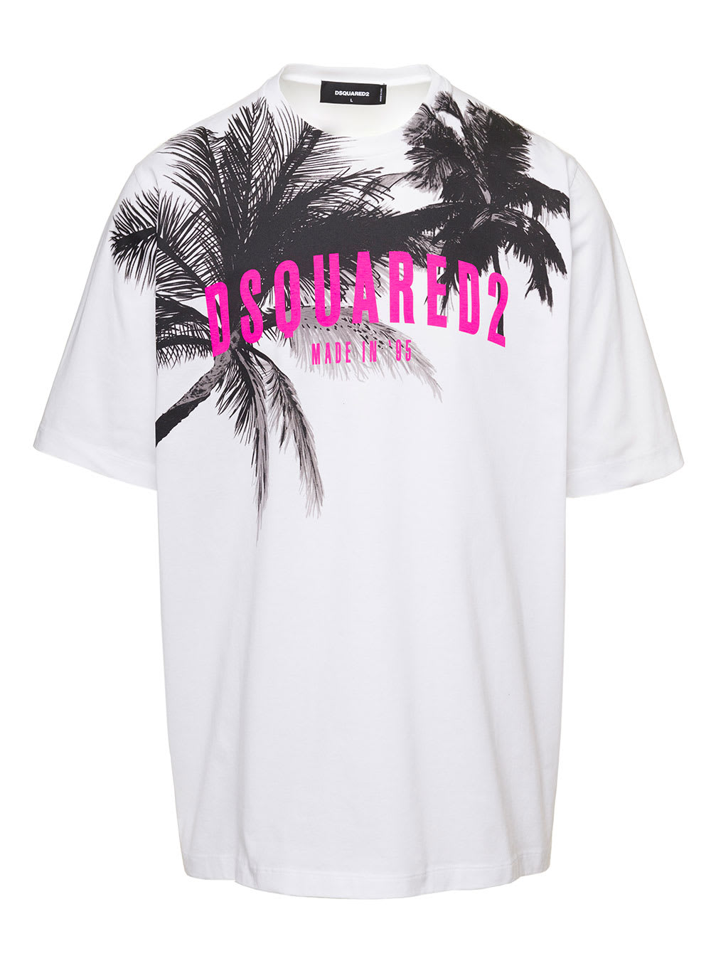 Shop Dsquared2 White Crewneck T-shirt With Palms Logo Print In Cotton Jersey Man D-squared2