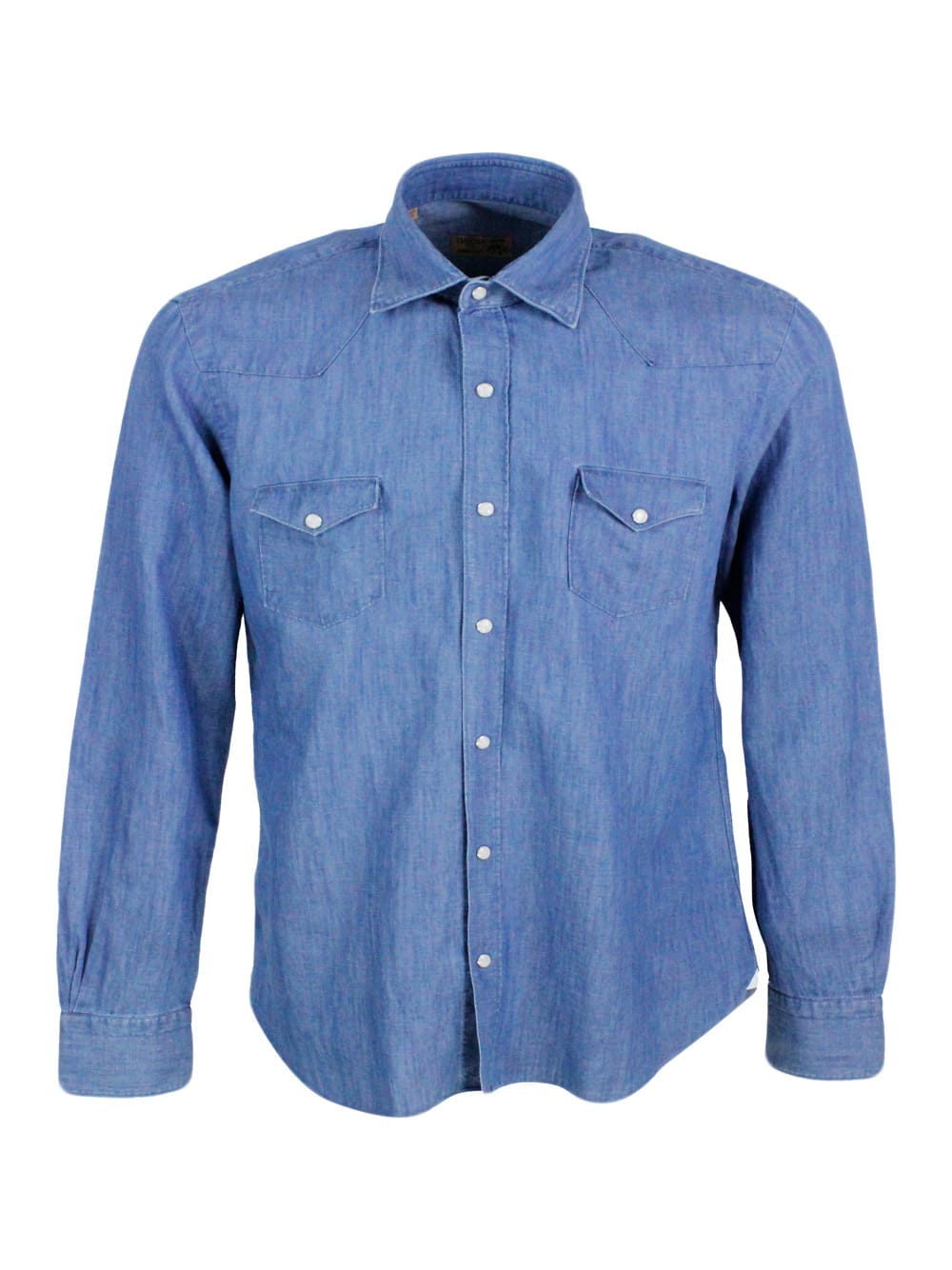 Shop Barba Napoli Dandylife Shirt In Light Denim With Hand-stitched Italian Collar And Front Pocket Counters. The Butt