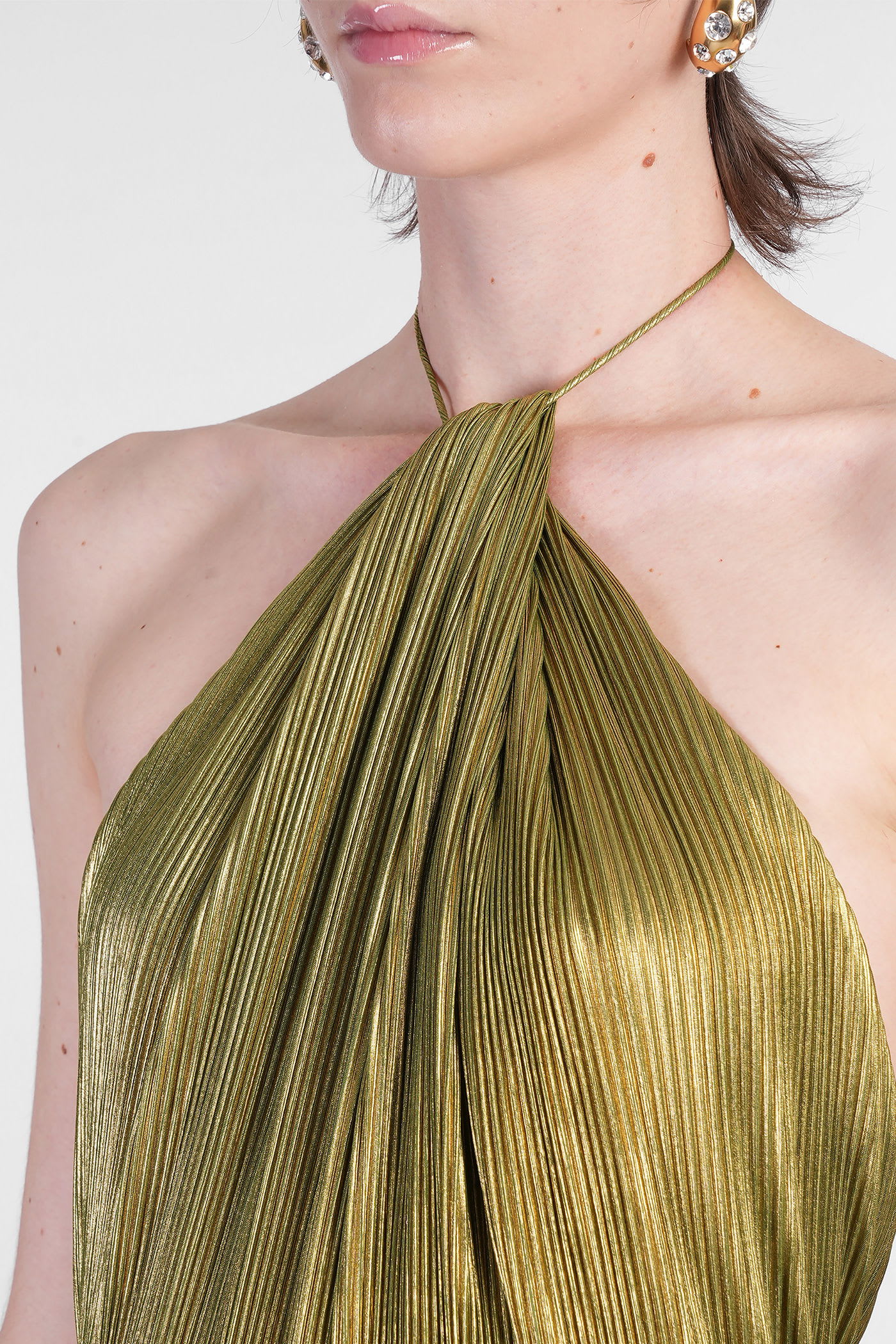 Retroféte Thalia Pleated Metallic Halter Side-slit Drop-waist Maxi Dress