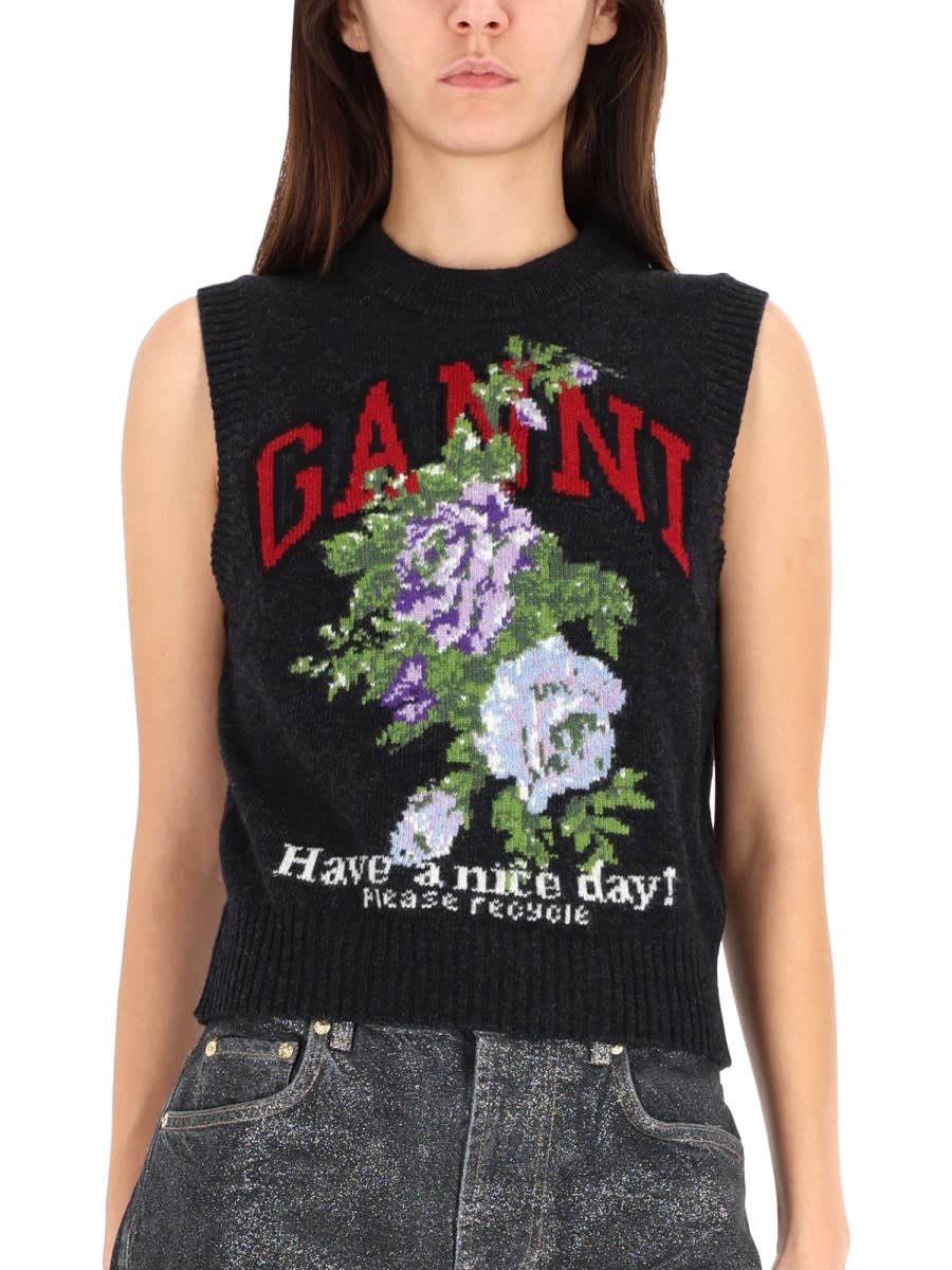 Ganni Flowers Grey Vest In Gray