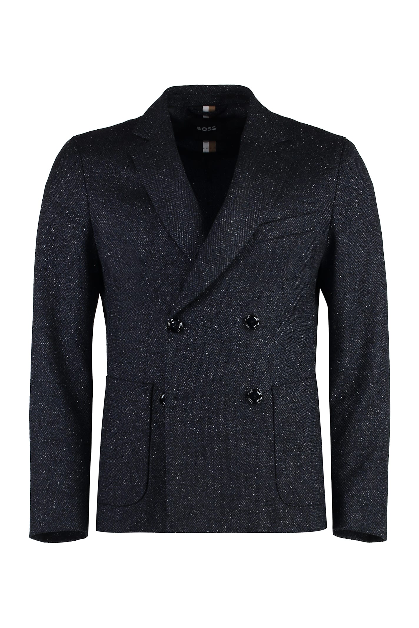 Shop Hugo Boss Double-breasted Virgin Wool Jacket In Blue