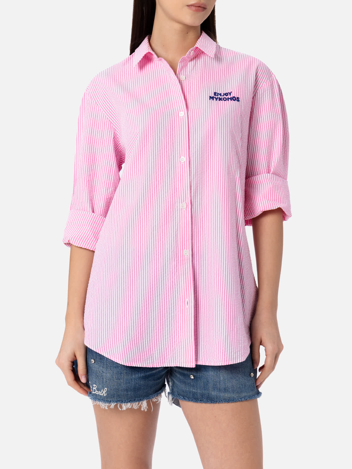 Mc2 Saint Barth Woman Striped Seeruscker Cotton Over Shirt Brigitte With Front And Back Mykonos Embroidery In Pink