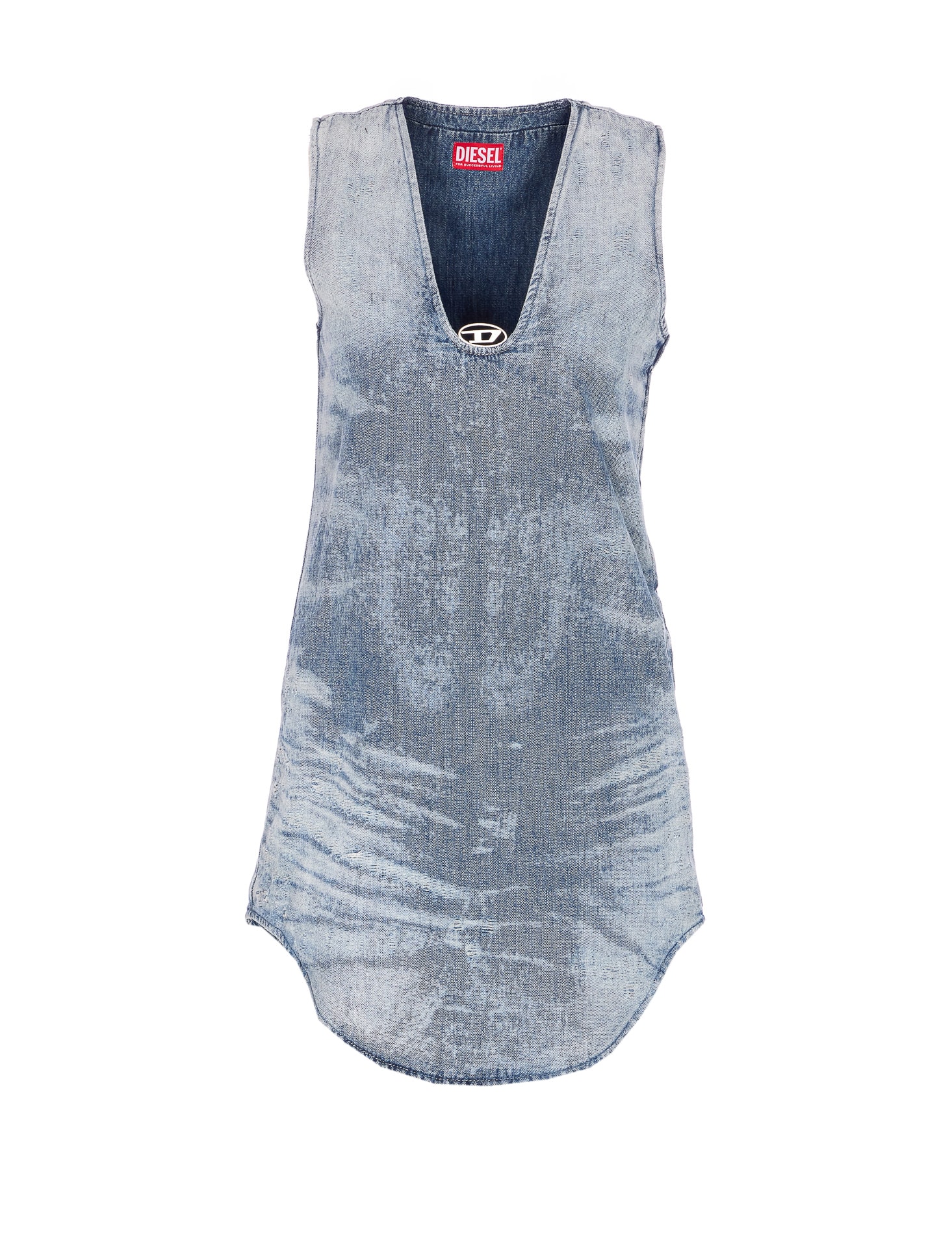 Diesel Sleeveless V-neck Distressed Denim Dress In Blue