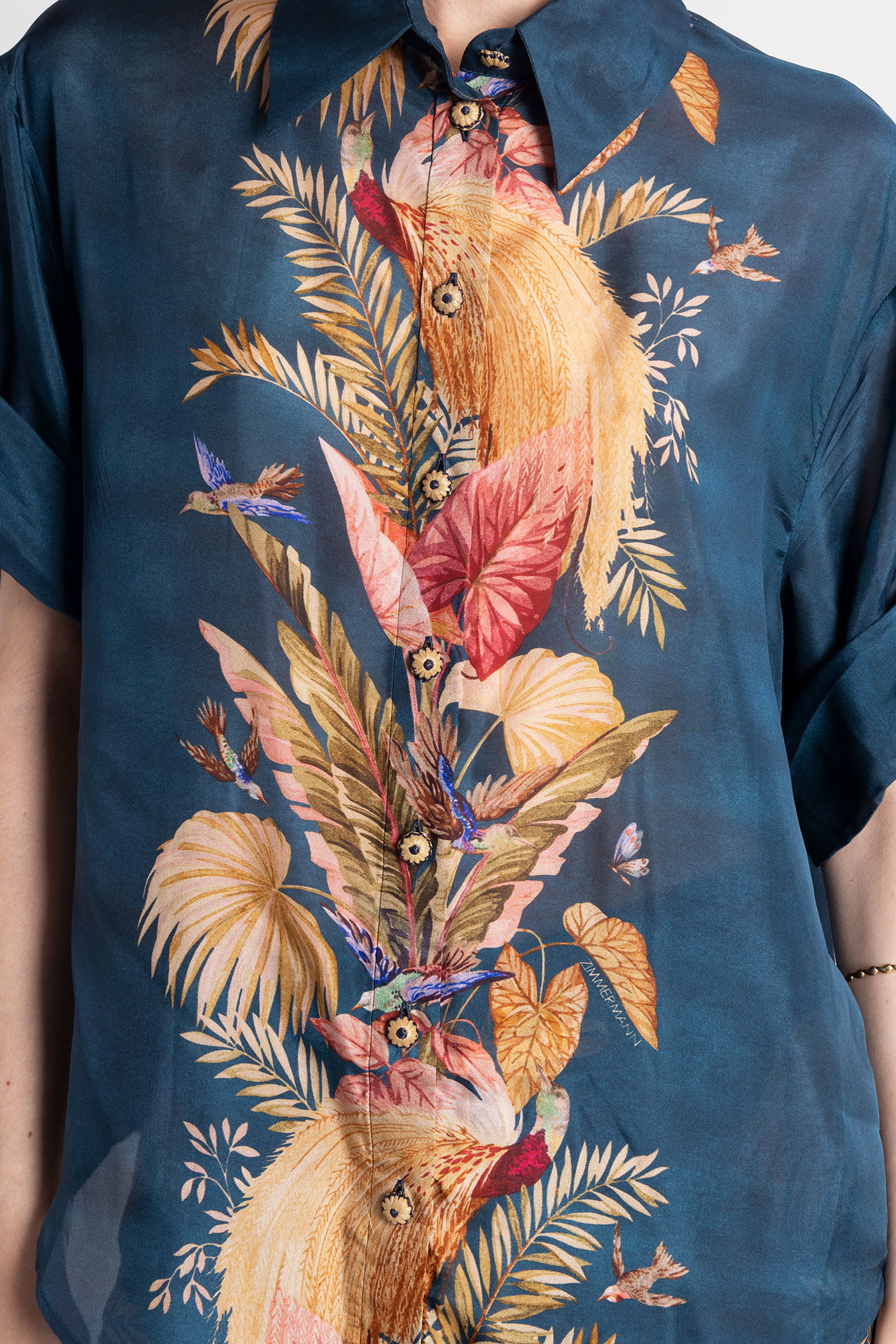 Zimmermann Womens Dark Blue Palm Floral Ascension Relaxed-fit Silk Shirt Xs In Blue