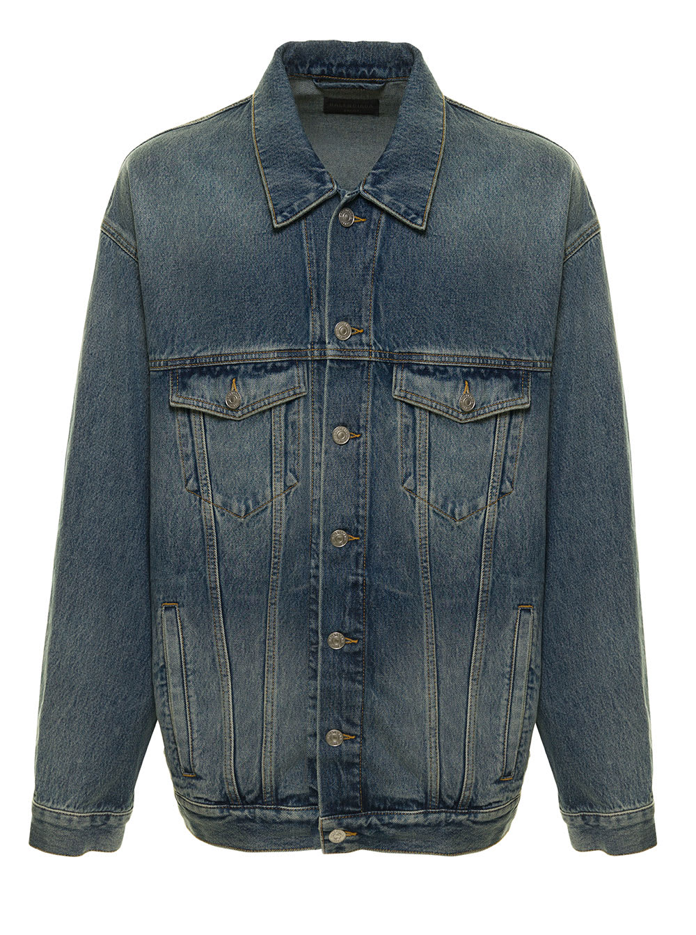 Balenciaga Blue Denim Jacket With Censored Logo Patch In Cotton Man