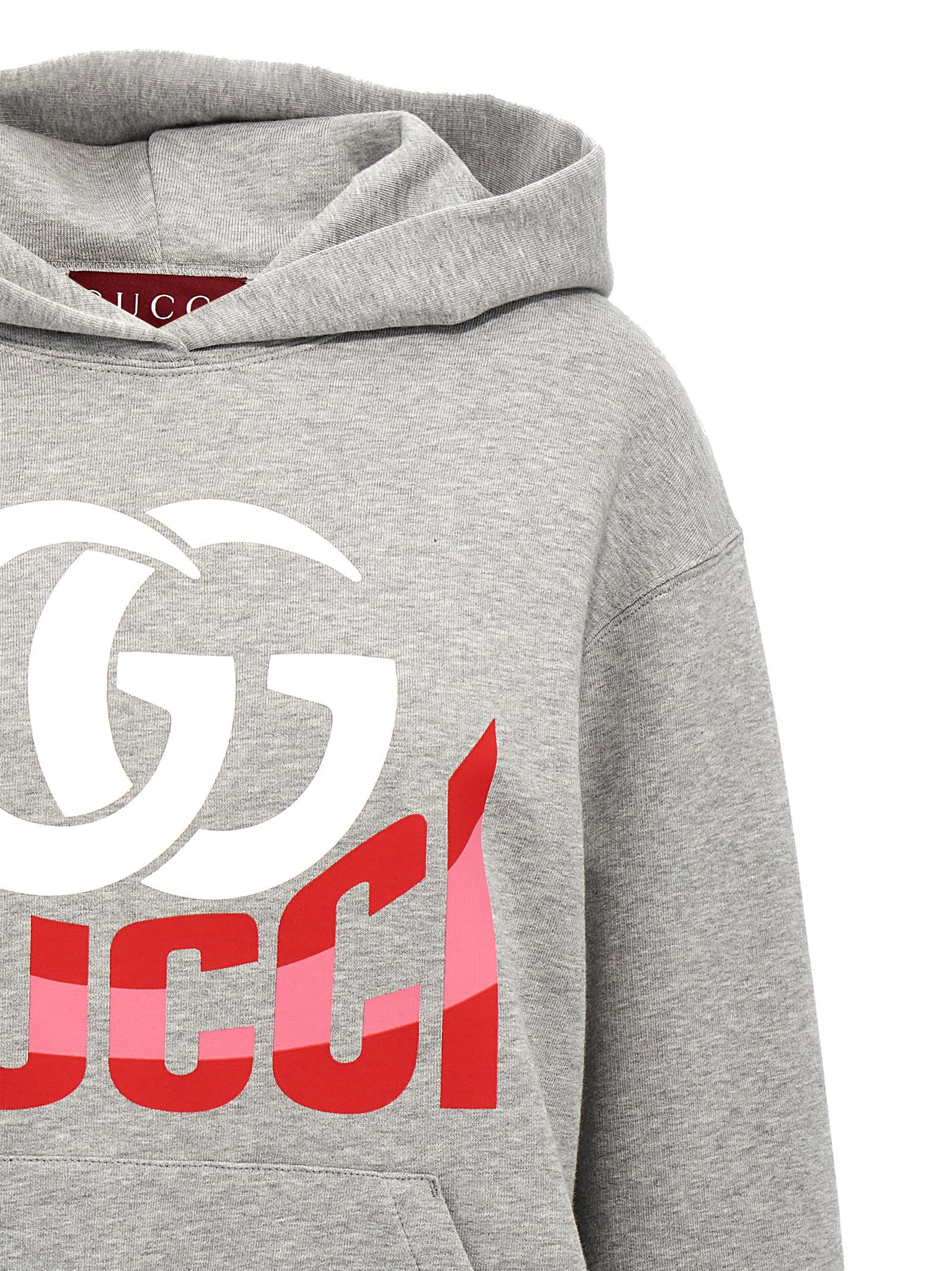 Shop Gucci Logo Print Hoodie In Gray