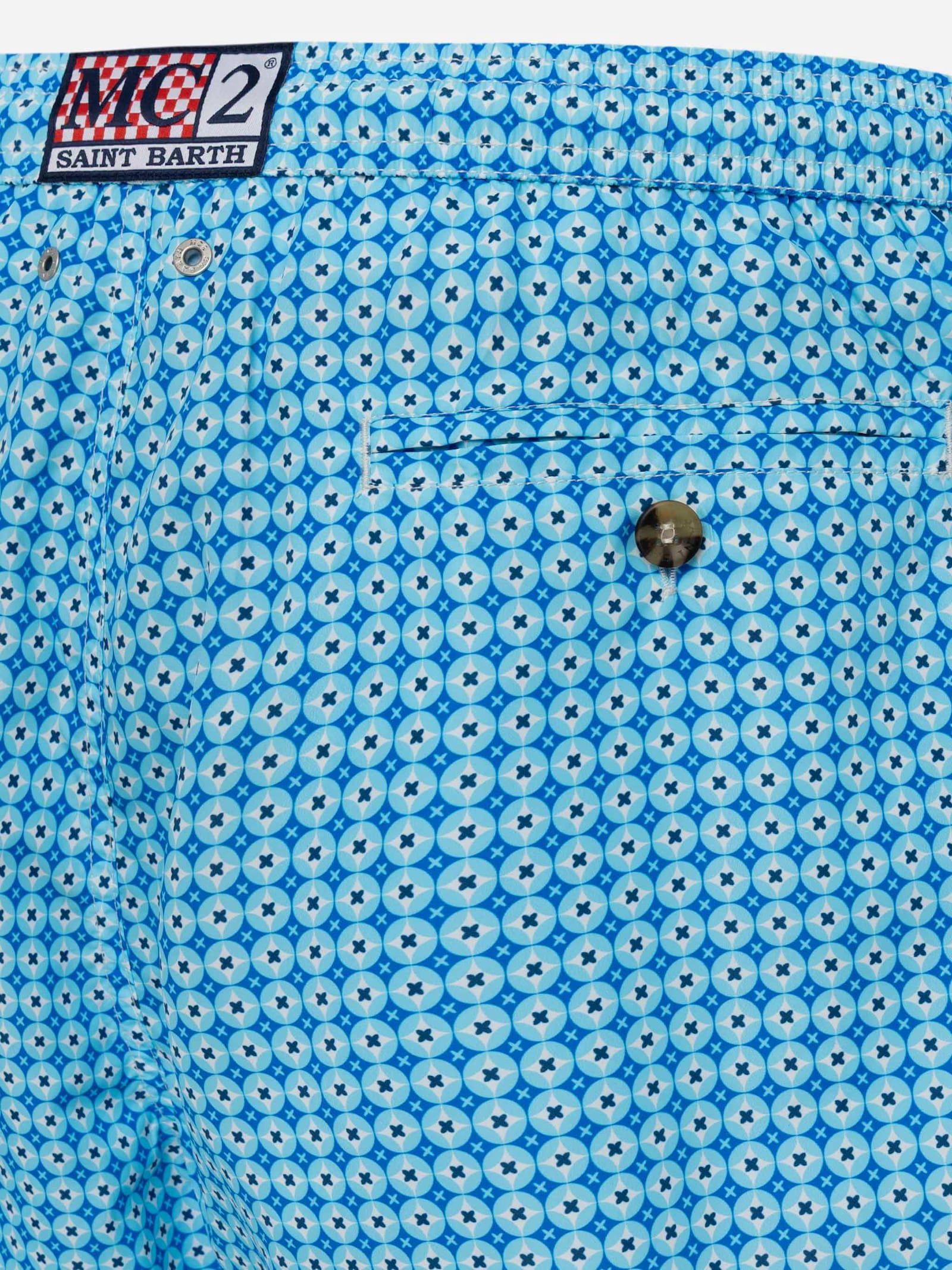 Mc2 Saint Barth Lightweight Fabric Swim Shorts Lighting With Sporty Geometric Print In Sky