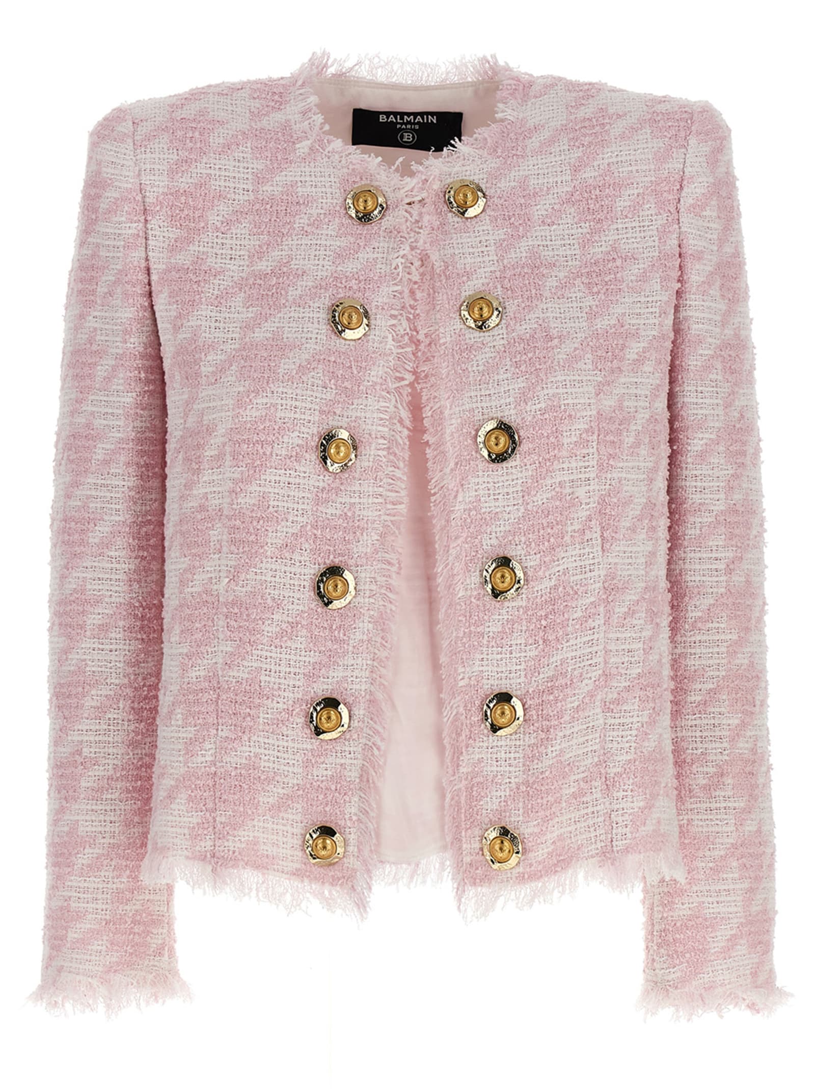Balmain Tweed Frayed-edge Blazer In Pink
