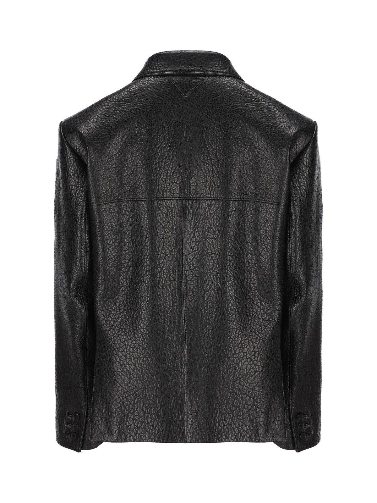 Prada Single-breasted Long-sleeved Leather Jacket In Nero
