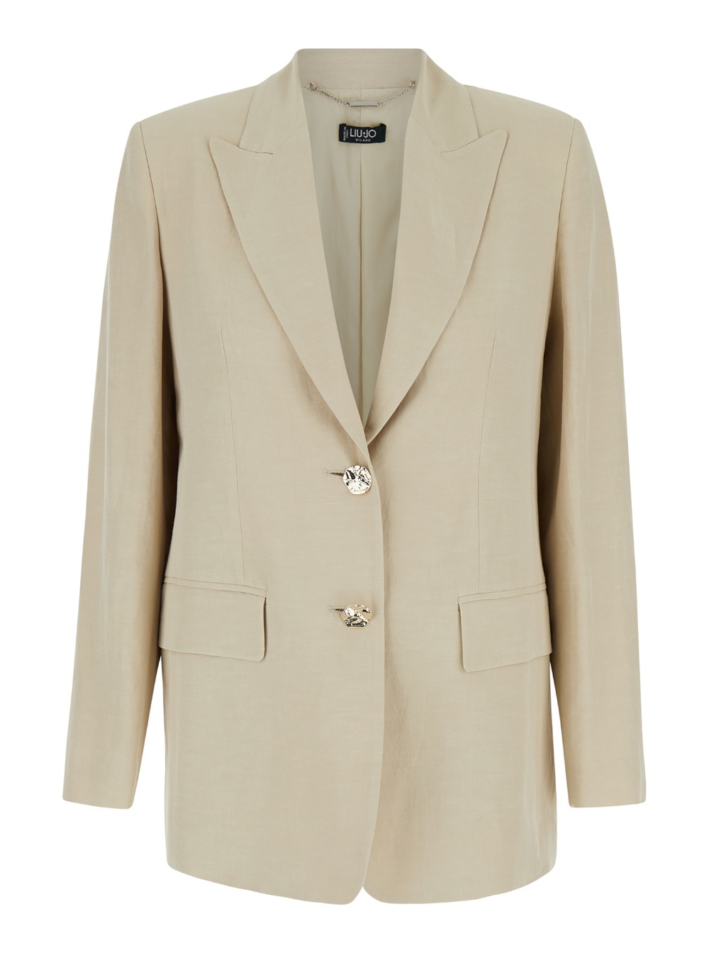 Shop Liu •jo Beige Single-breasted Jacket With Gold Buttons In Linen Blend Woman