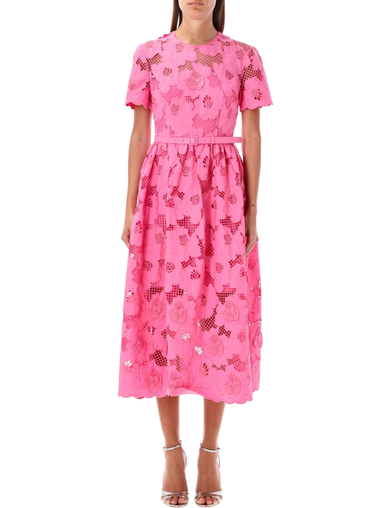 Shop Self-portrait Lace Midi Dress In Pink