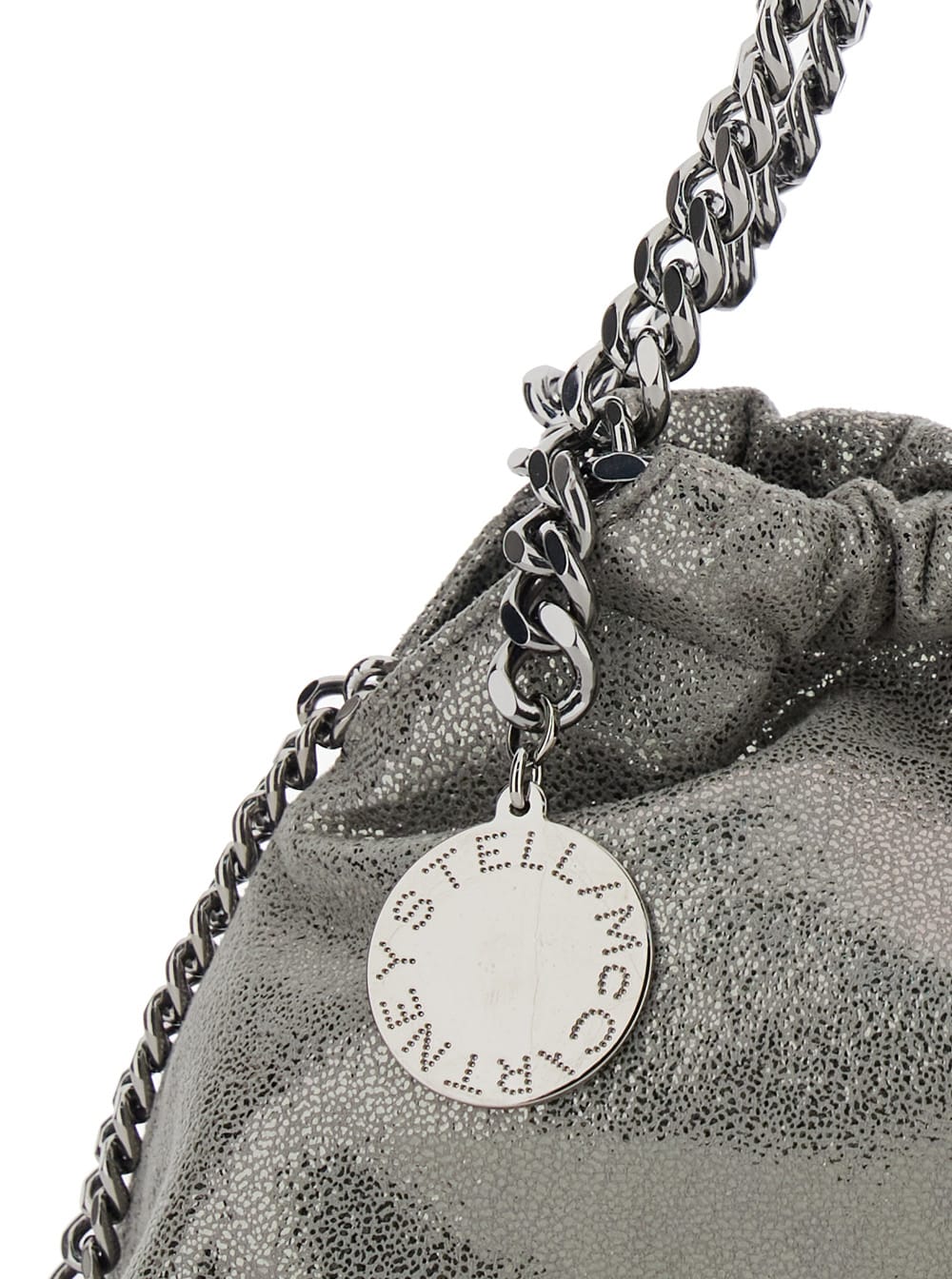 Stella Mccartney Falabella Metallic Crossbody Bag With Chain-link Shoulder Strap And Logo Charm On The Front In Ecole In Gray