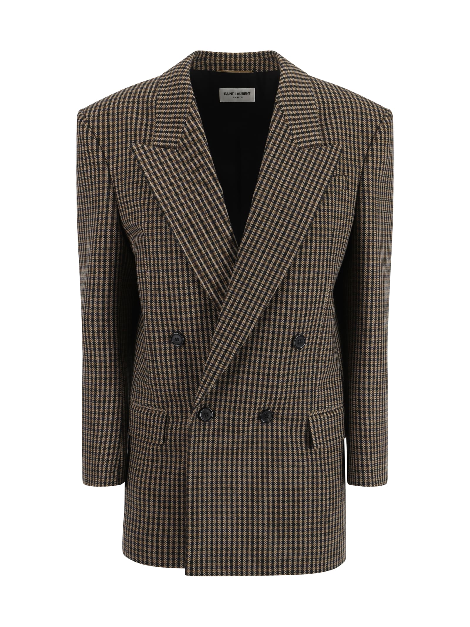 Shop Saint Laurent Vichy Blazer Jacket In Beige Noir Marron