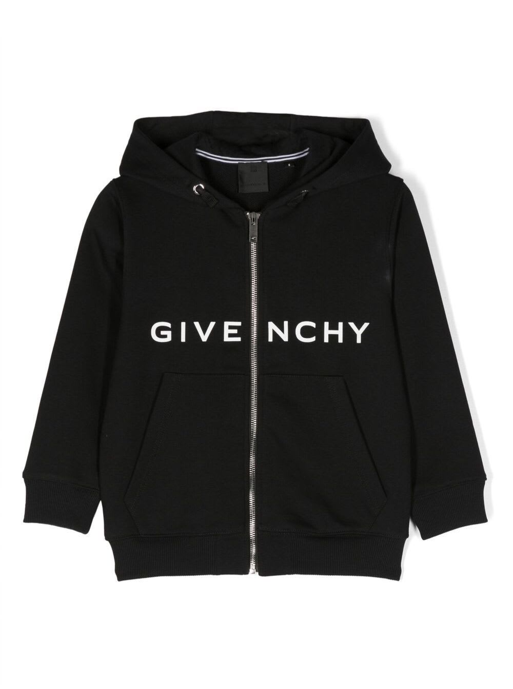 GIVENCHY BLACK HOODED SWEATSHIRT WITH ZIP FASTENING AND PRINTED LOGO IN COTTON BLEND BOY
