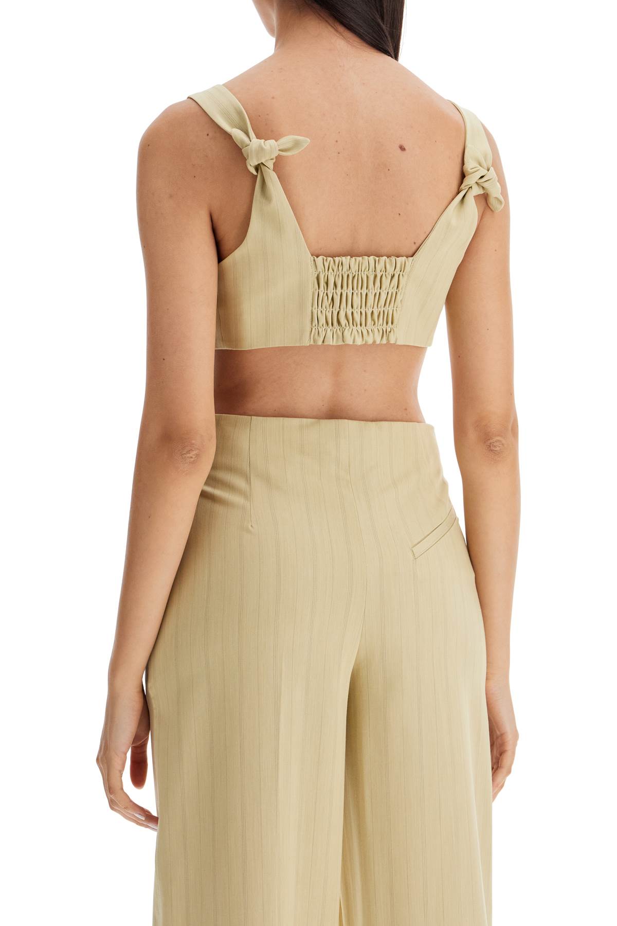 Shop Ganni Striped Crop Top With Knots In Sahara Sun (beige)