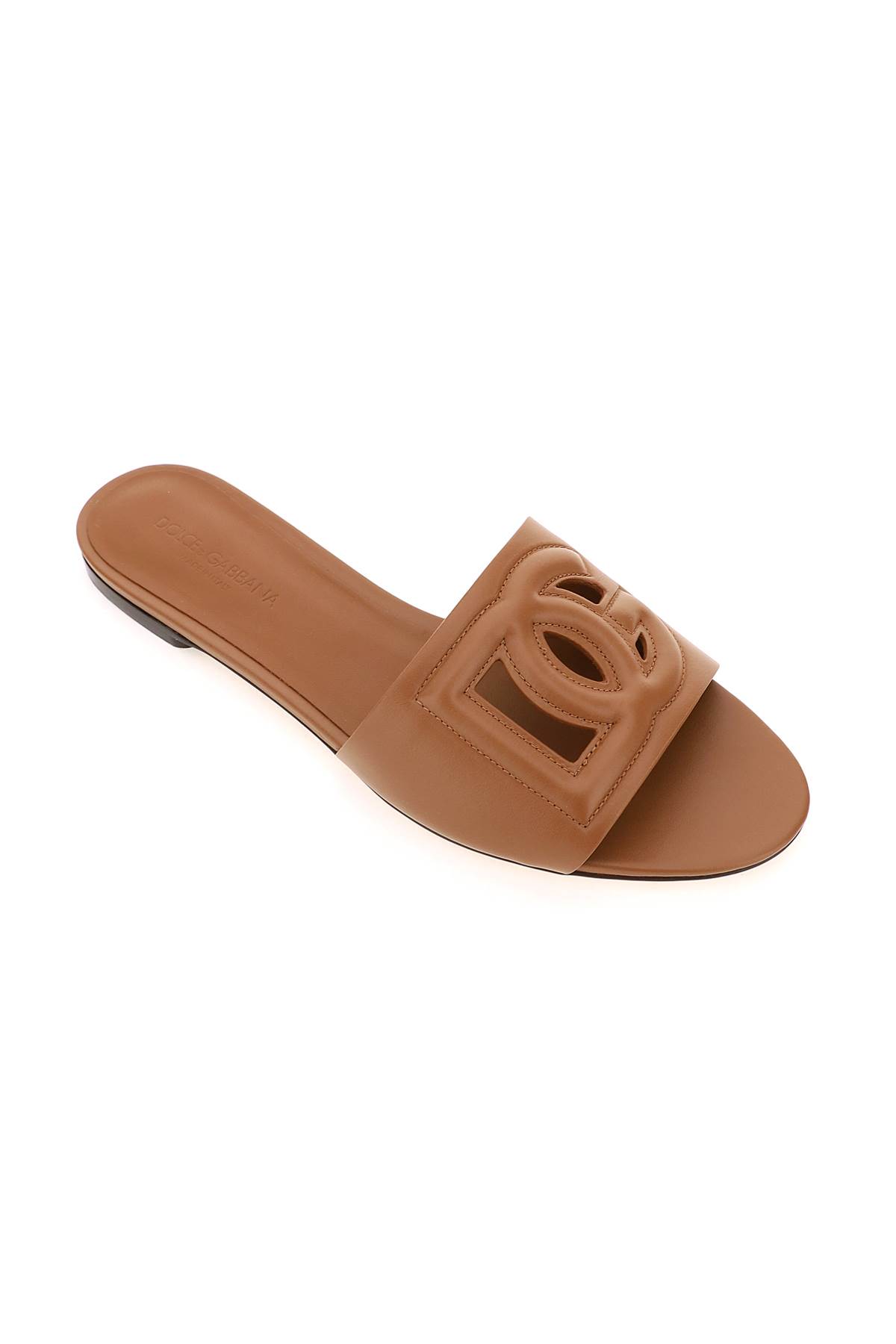 Shop Dolce & Gabbana Leather Slides With Cut-out Logo In Marrone Chiaro (brown)