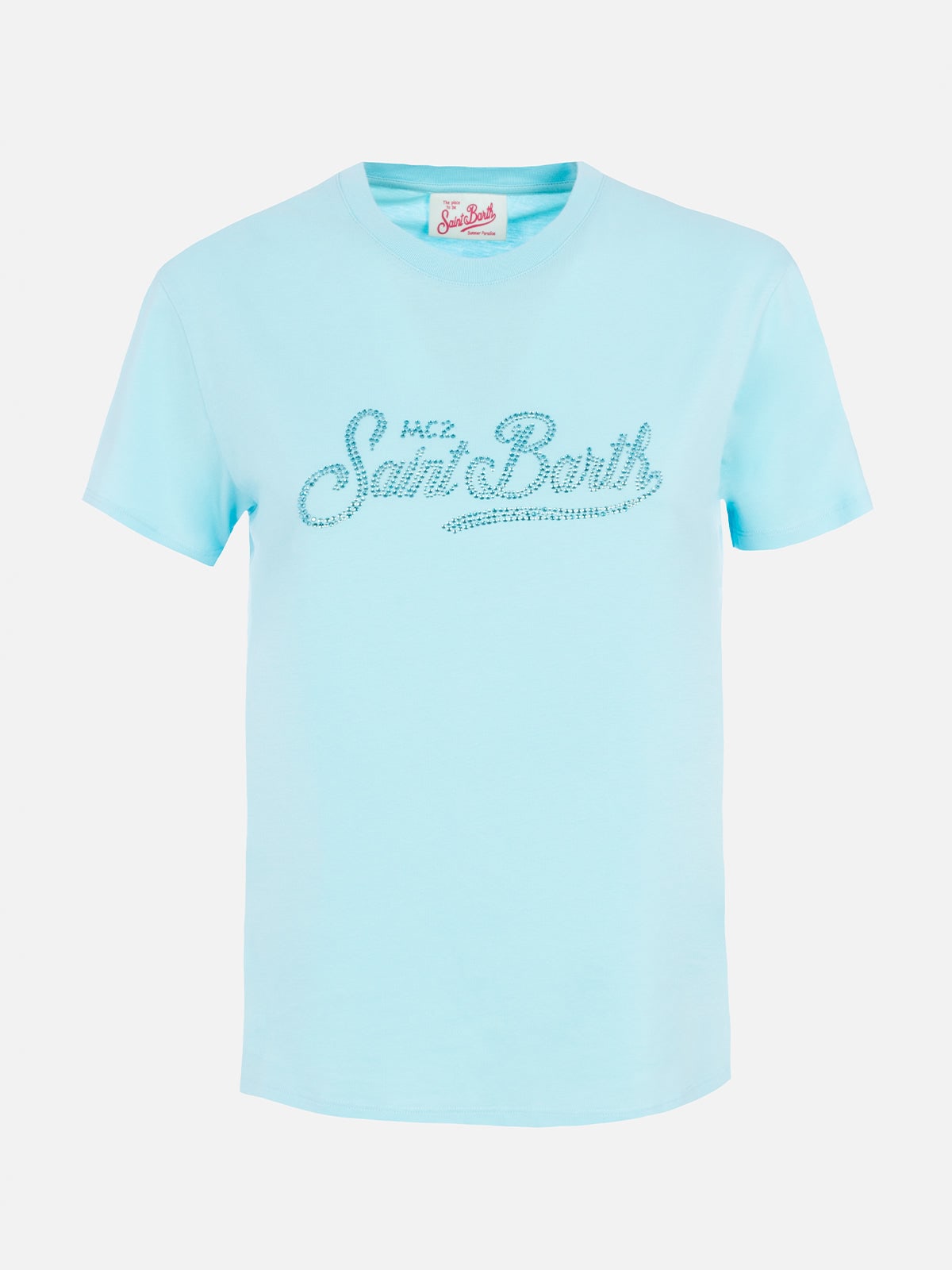 Mc2 Saint Barth Woman Water Green Cotton Jersey Crewneck T-shirt Emilie With Rhinestones In Green