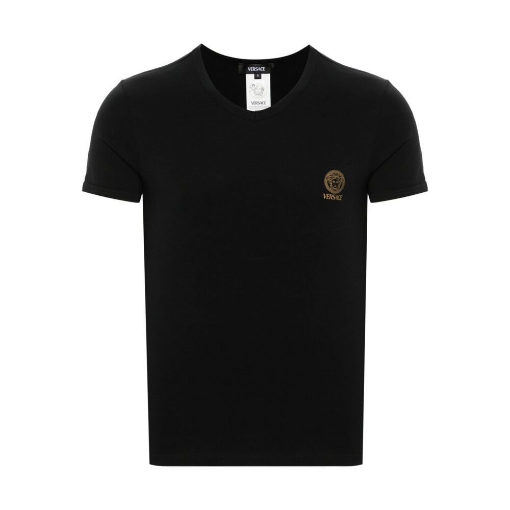 Versace Black Crewneck T-shirt With Medusa Logo Print In Stretch Cotton Man In Black
