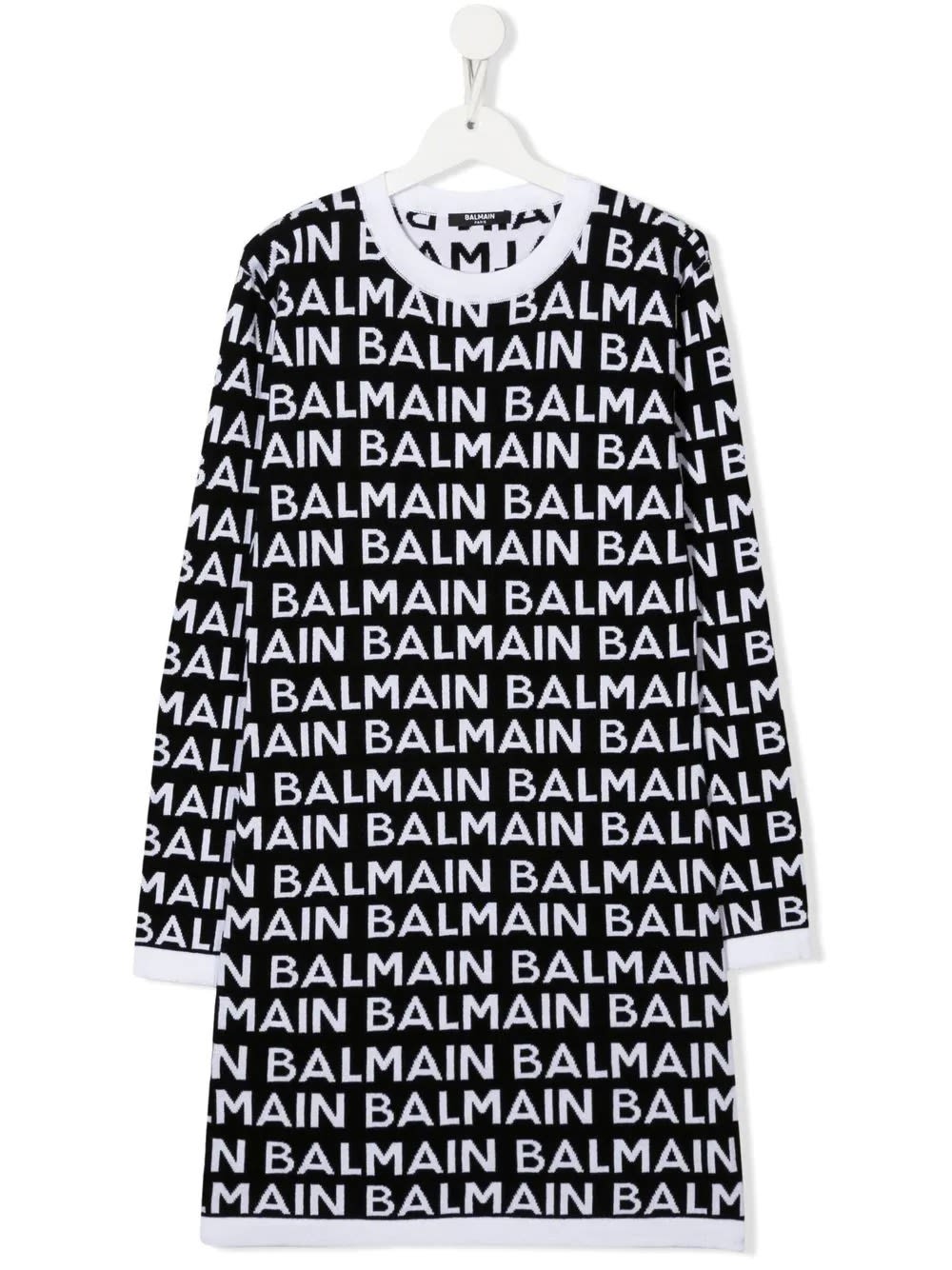 Balmain Kids Black Short Dress With White All-over Logo