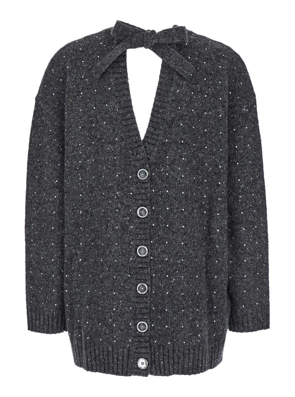 Shop Pinko Grey Cardigan With V Neck And Crystal Embellishments In Wool Blend Woman