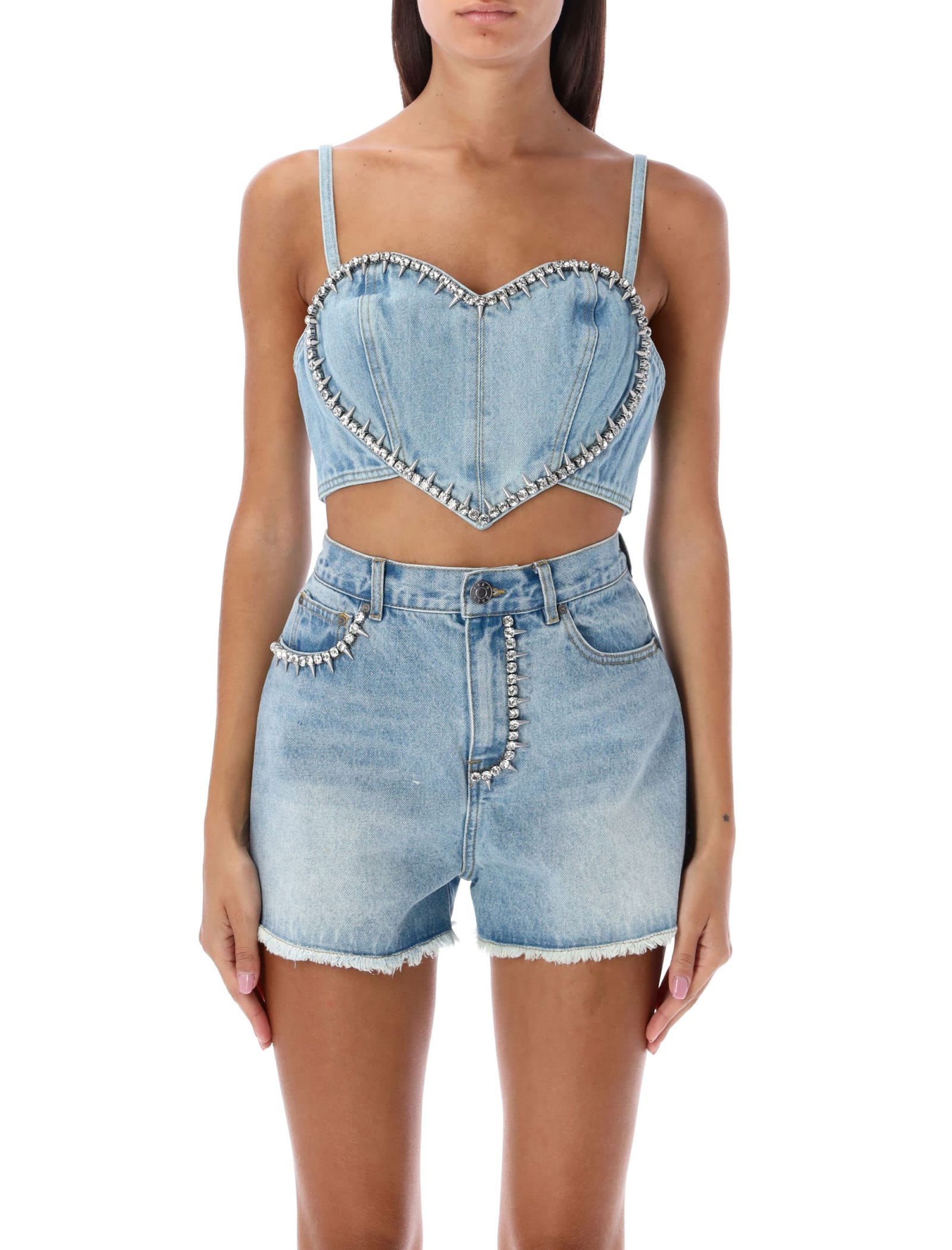 Area Crystal-embellished Denim Crop Top In Light Blue