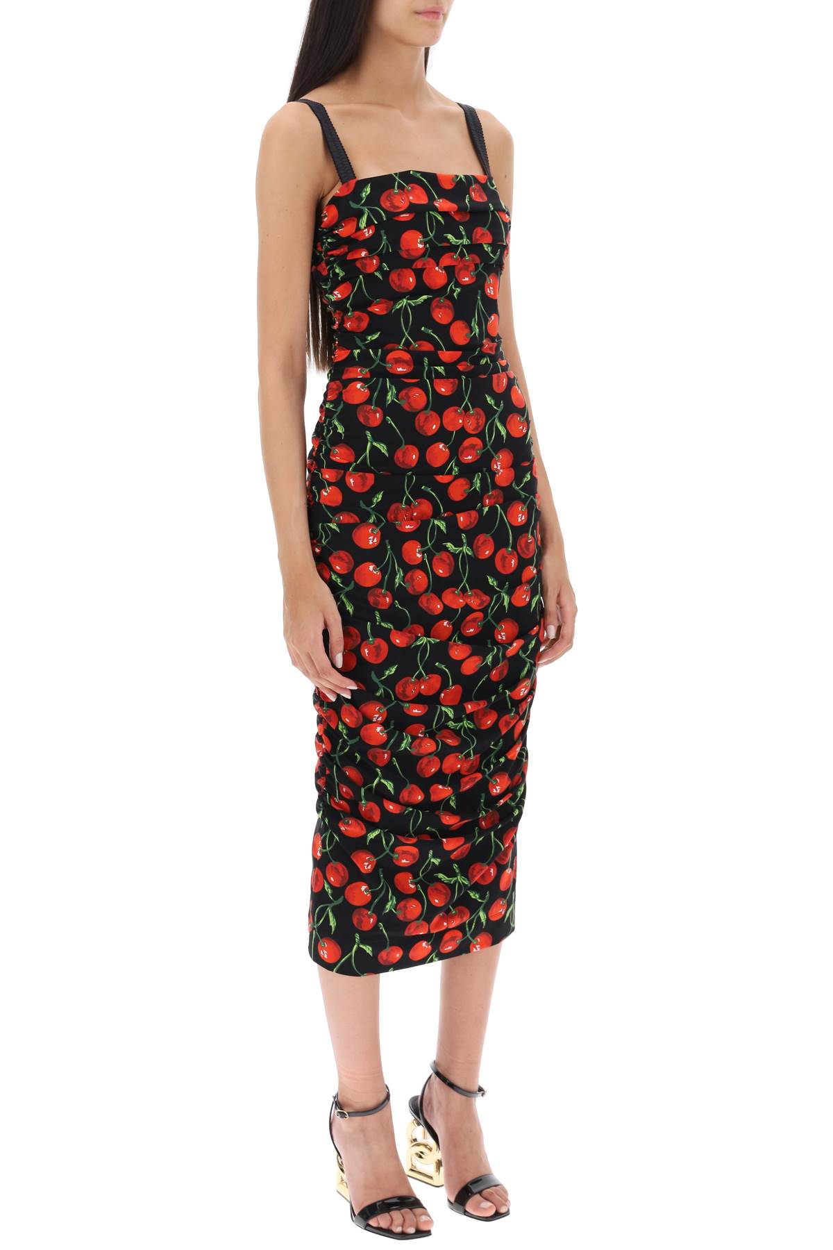 Shop Dolce & Gabbana Cherry Print Jersey Midi Dress In Iy Rosso Nero