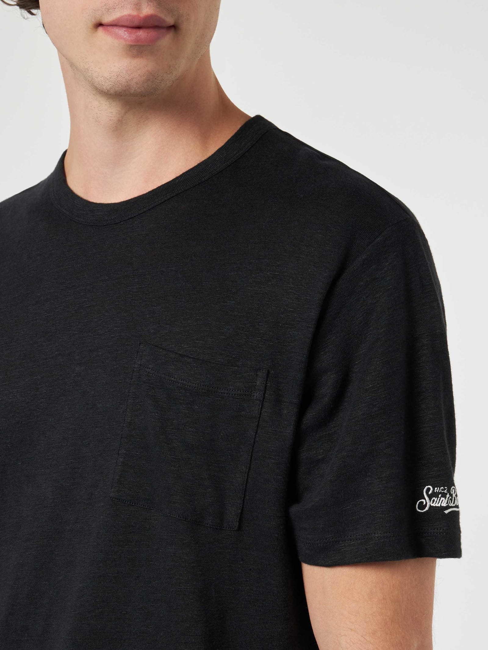 Shop Mc2 Saint Barth Man Black Linen Jersey T-shirt Ecstasea With Pocket