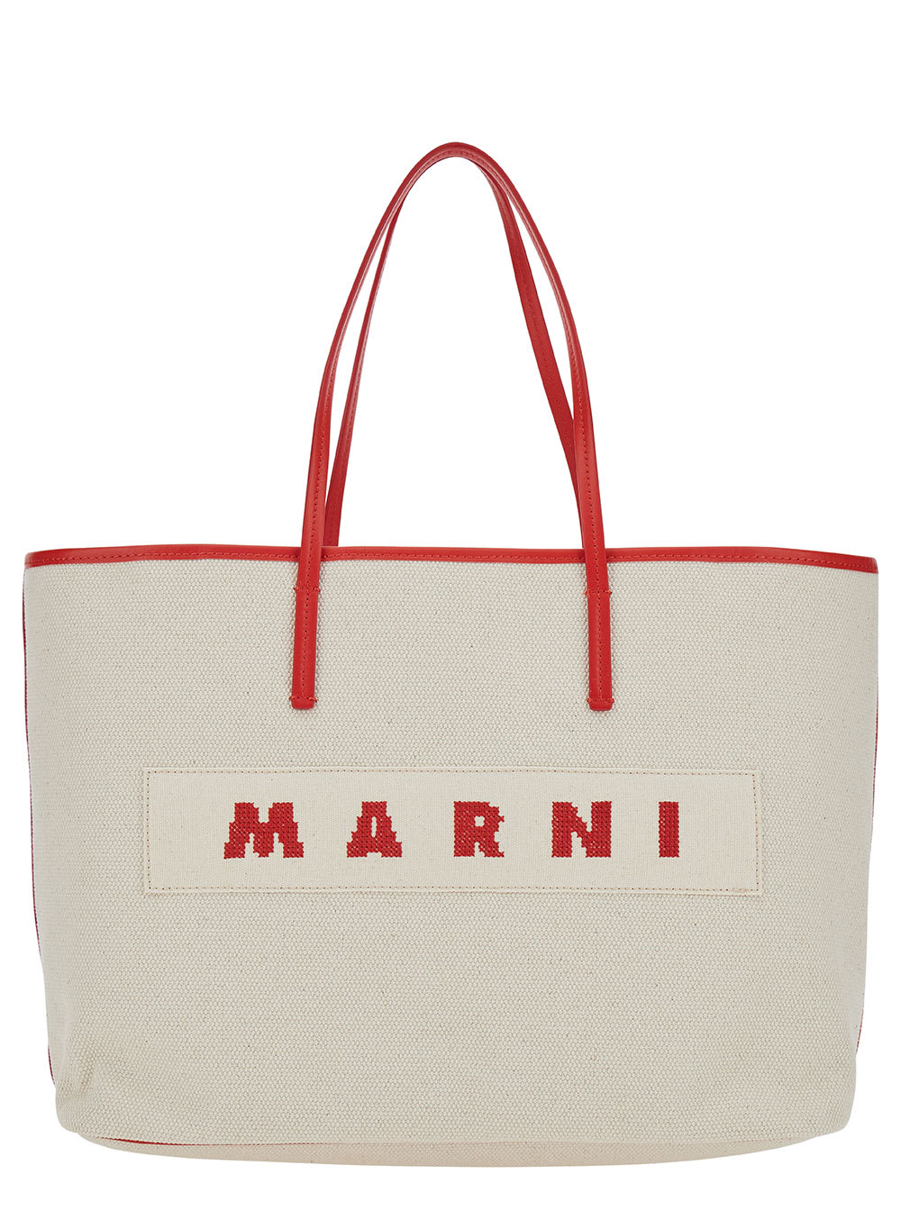 MARNI SMALL JANUS WHITE TOTE BAG WITH LOGO PATCH IN COTTON WOMAN