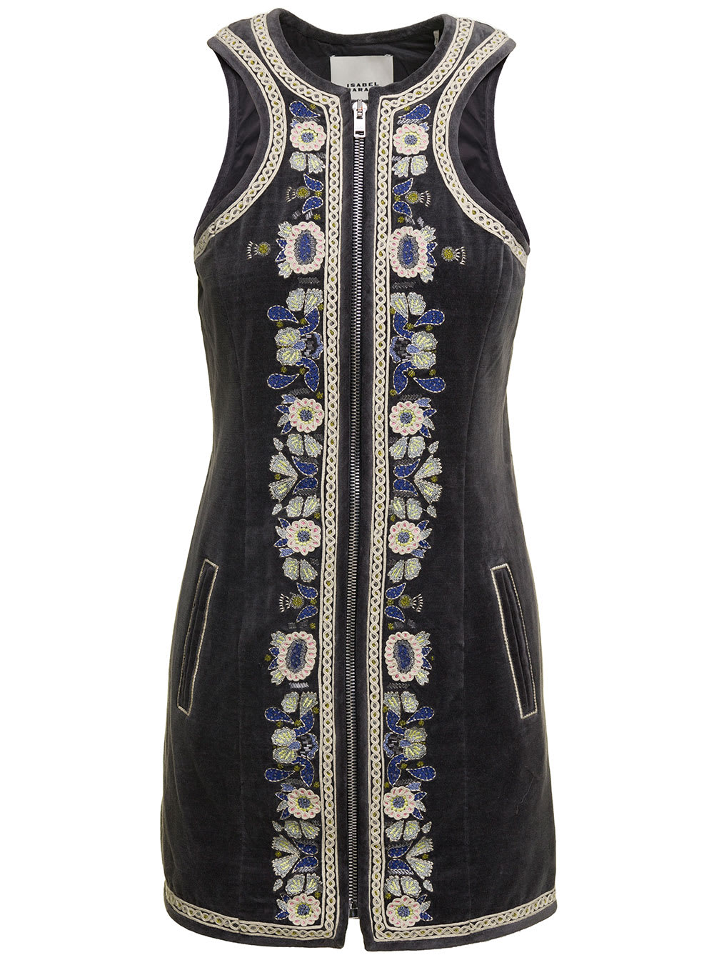 ISABEL MARANT BELILA MINI DARK GREY SLEEVELESS DRESS WITH EMBROIDERIES IN COTTON WOMAN