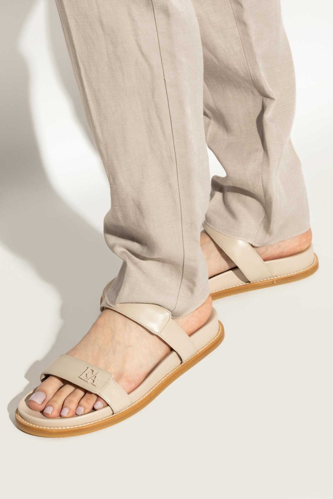 Emporio Armani Leather Slides With Logo In Sand