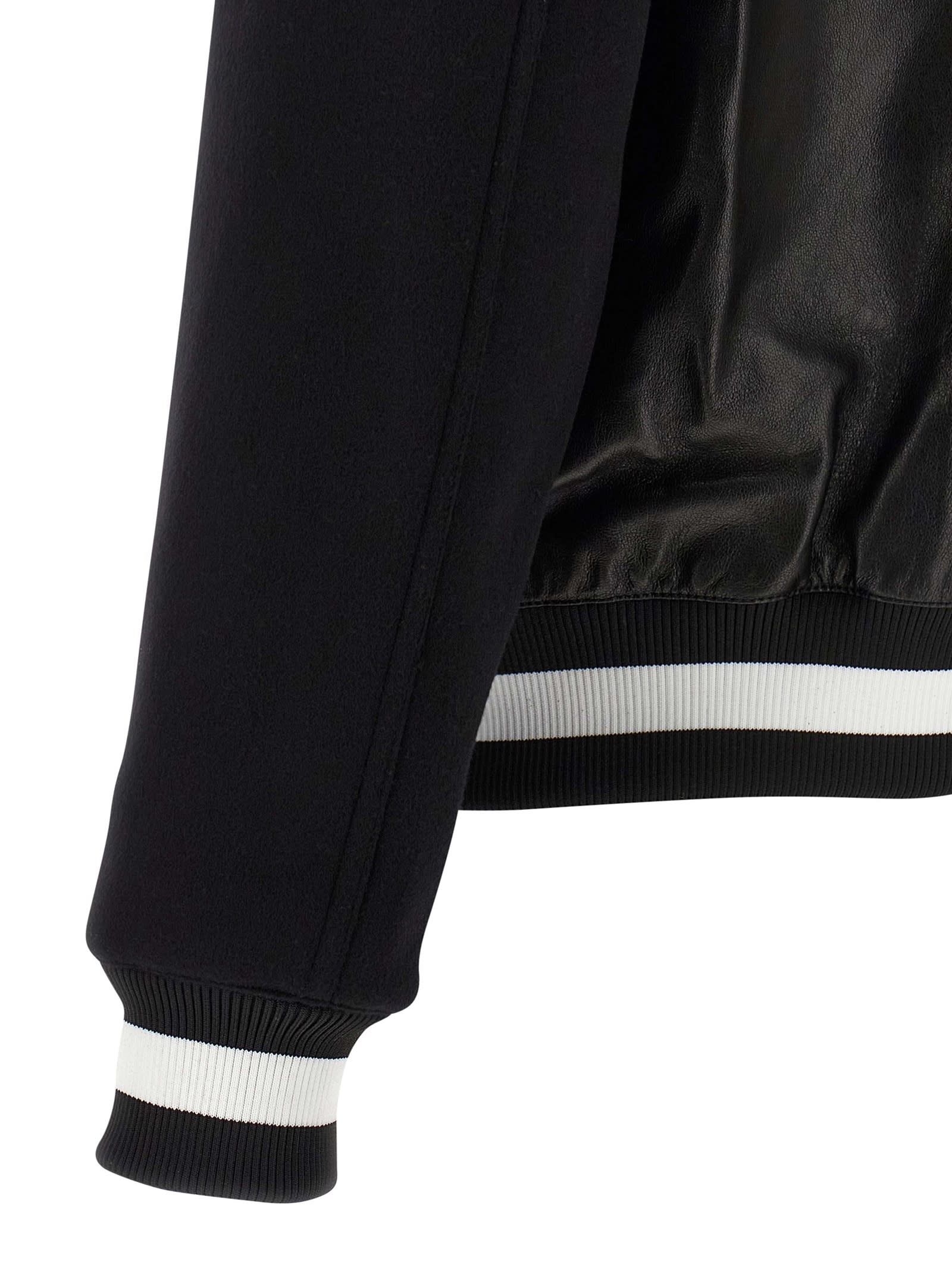 Balmain Varsity Leather Bomber Jacket In Black