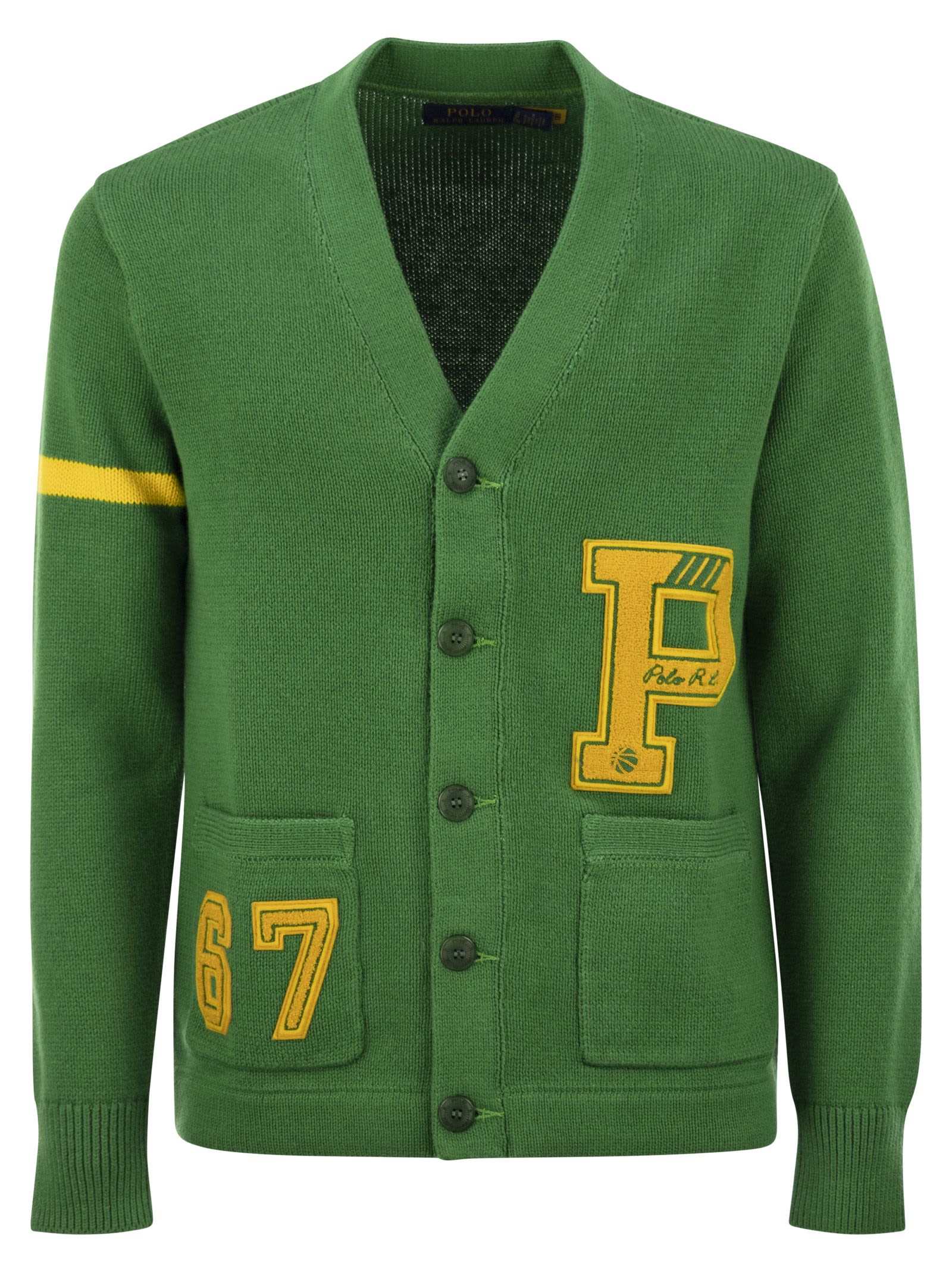 Shop Polo Ralph Lauren Cotton Letterman Cardigan In Green