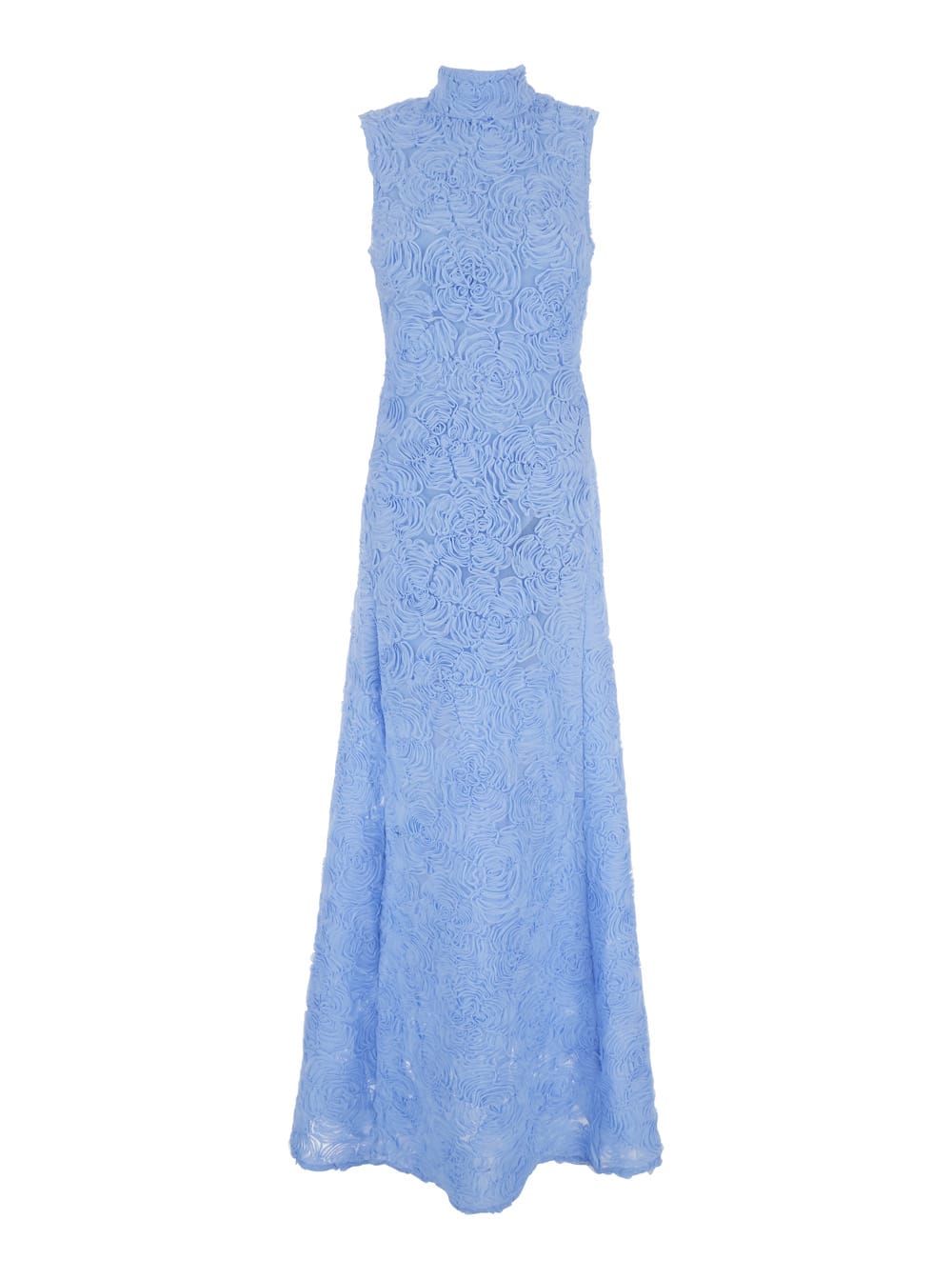 Light Blue Long Crewneck Sleeveless Dress With All-over Floral Motif In Tech Fabric Woman