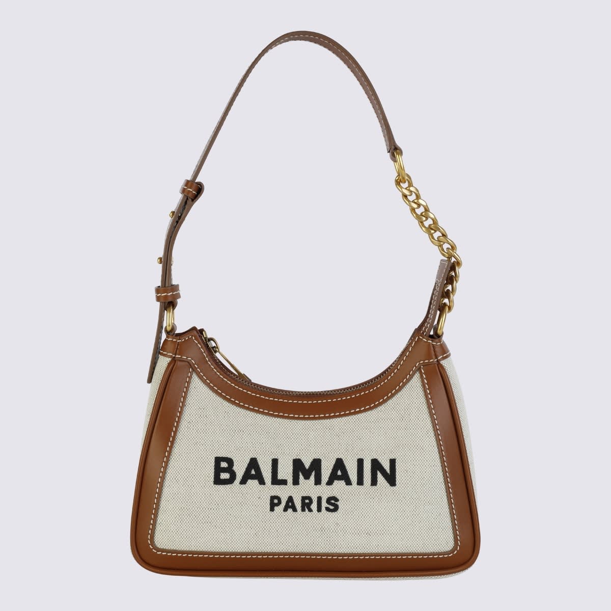 Balmain Beige Canvas And Brown Leather Shoulder Bag In Natural/brown