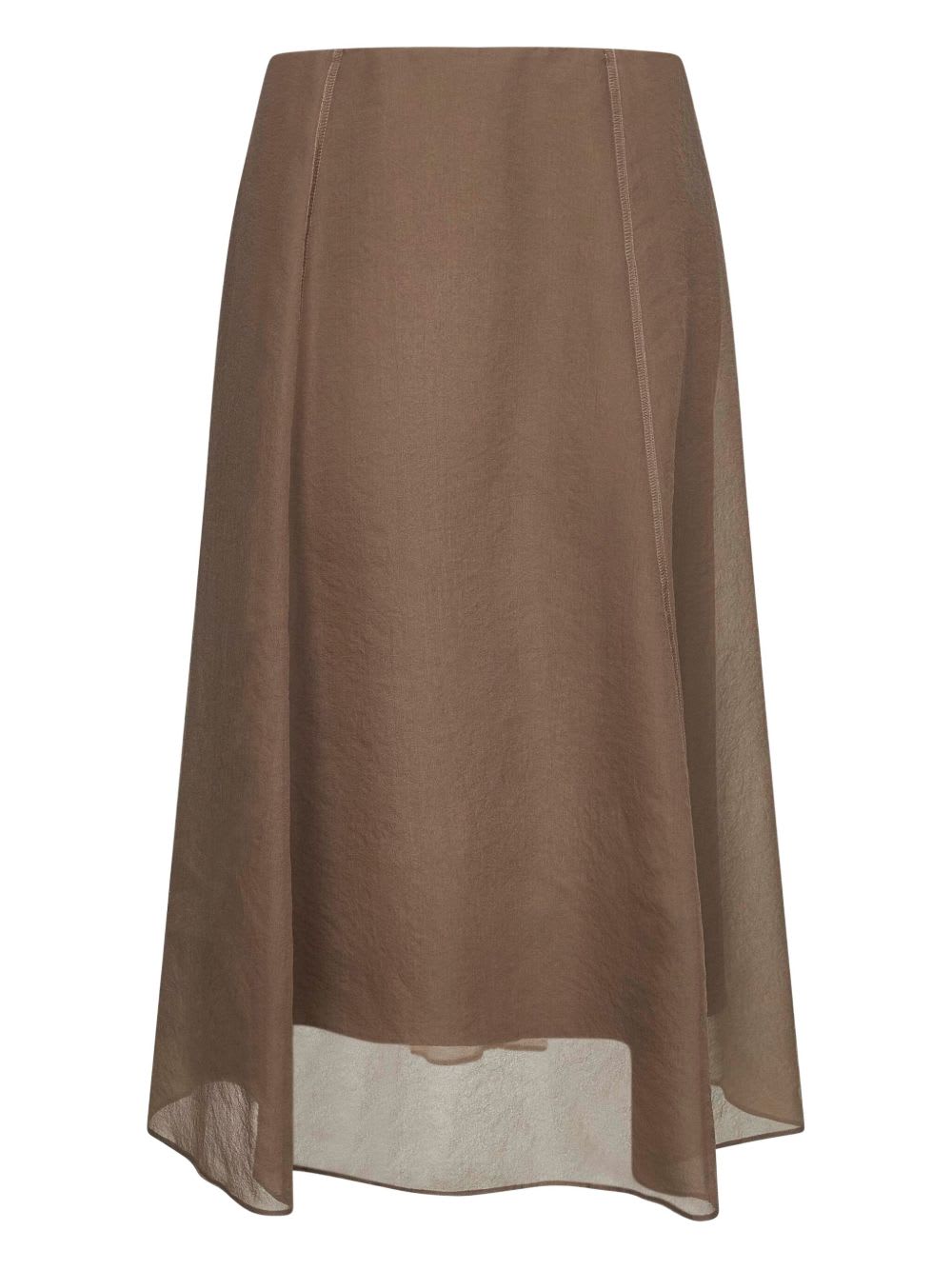 Brunello Cucinelli Asymmetric Flared Midi Skirt With Stitched Accents In Brown