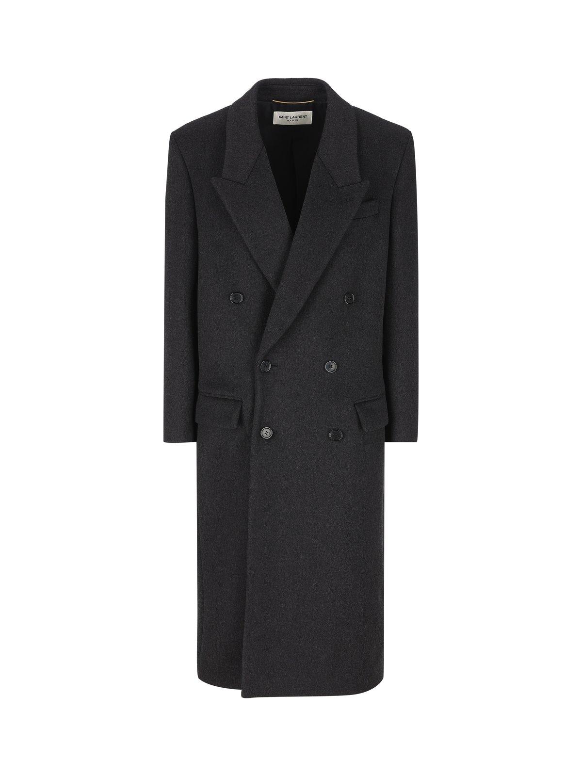 Shop Saint Laurent Double-breasted Long-sleeved Coat In Grey