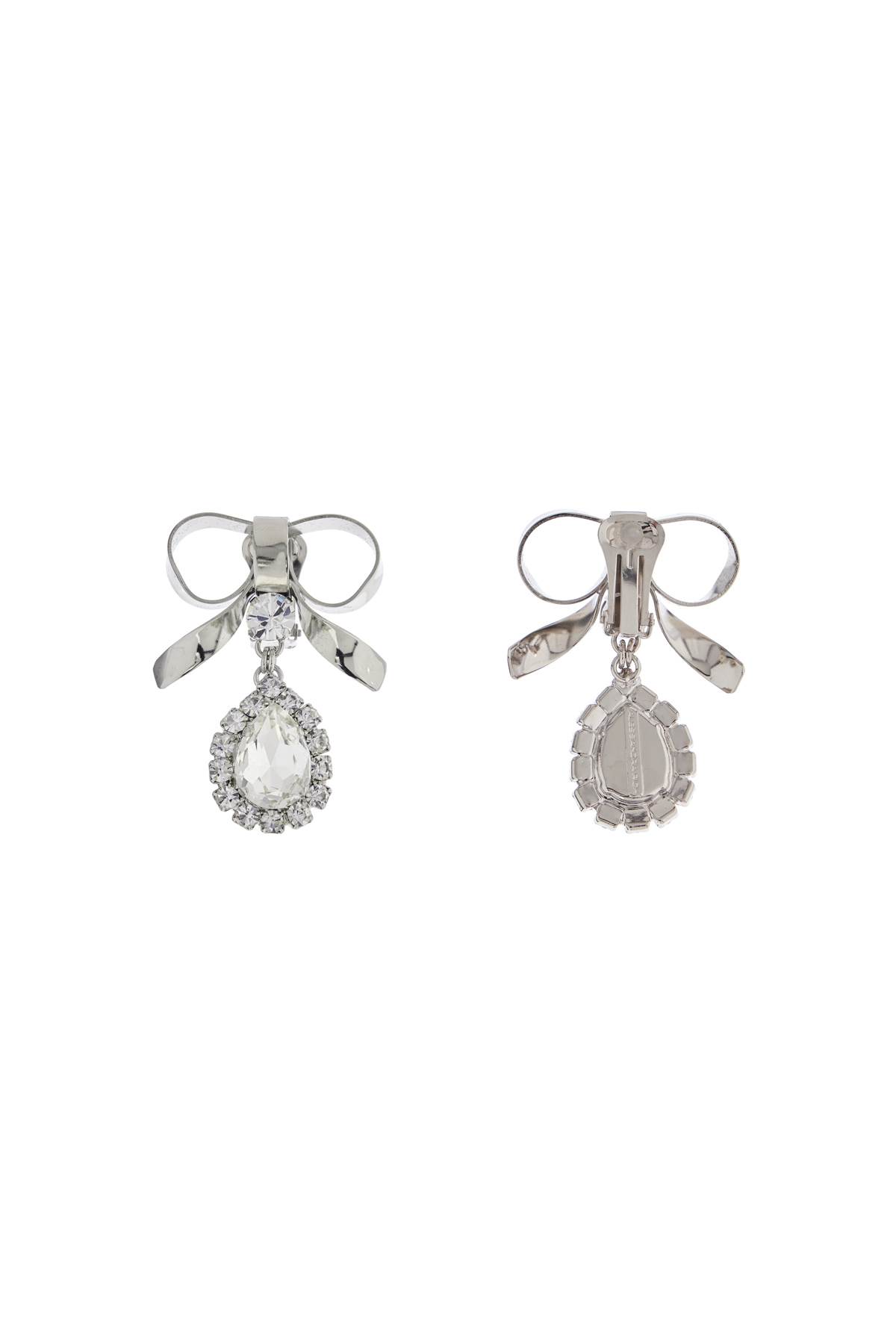 Alessandra Rich Bow Earrings With Crystal Pendant In Plated Brass In Cry-silver (silver)