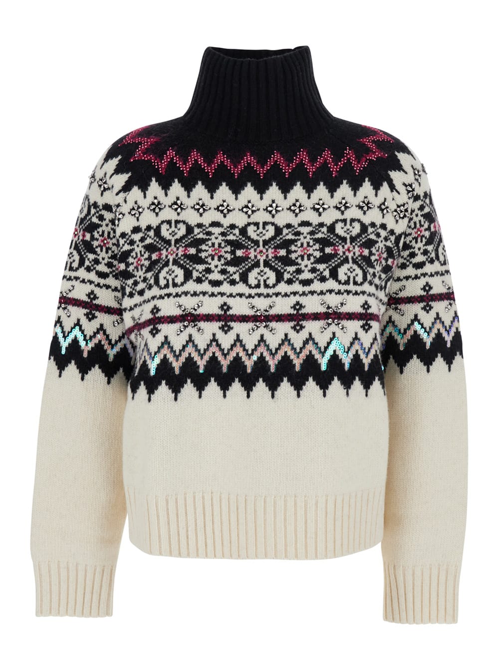 Semicouture Multicolor Turtleneck Sweater With All-over Inlays In Wool Blend Woman In White