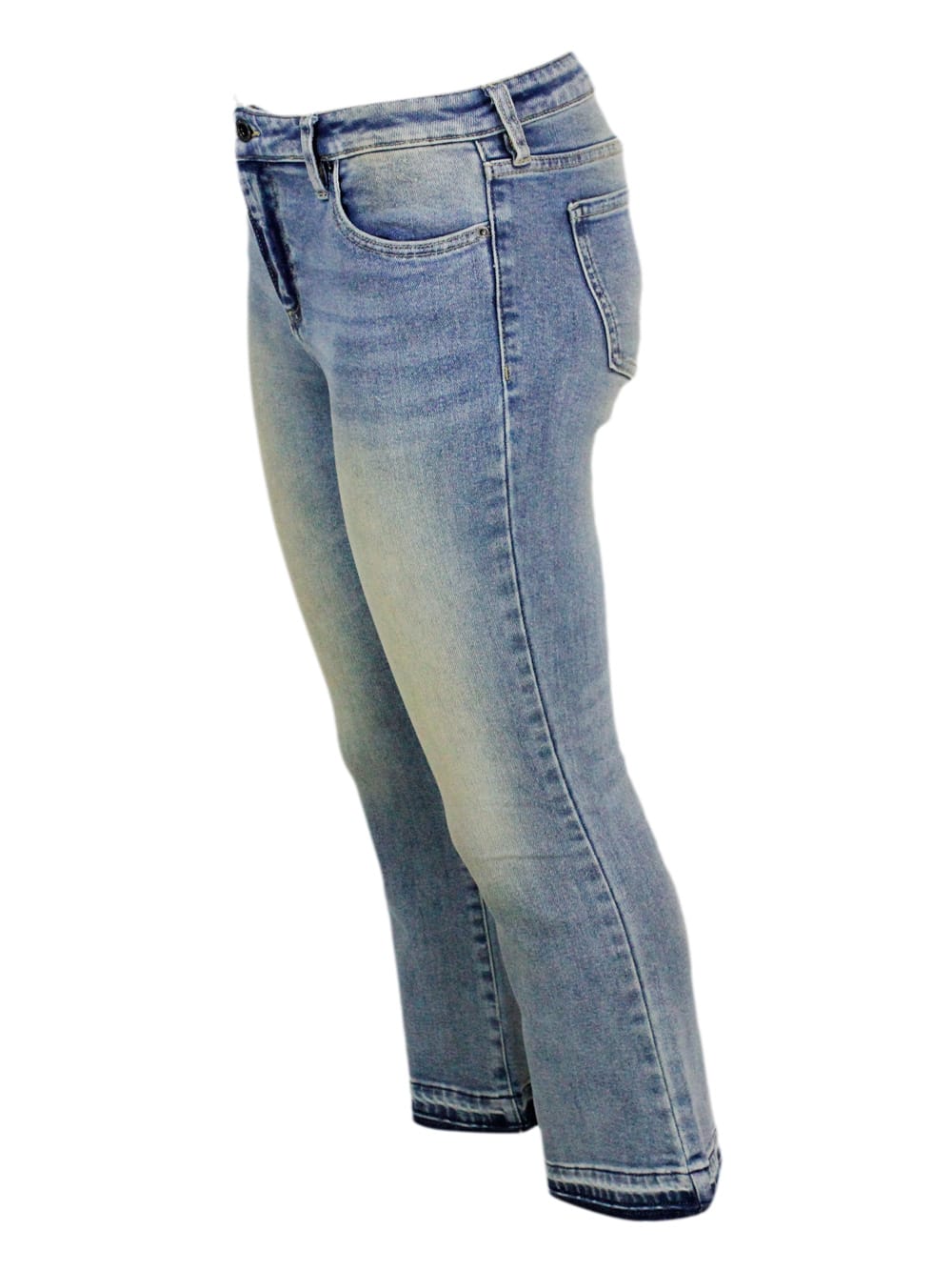 Shop Armani Collezioni Stretch Jeans In Vintage Effect Denim Flare Capri Model With Fringed Trumpet Bottom.