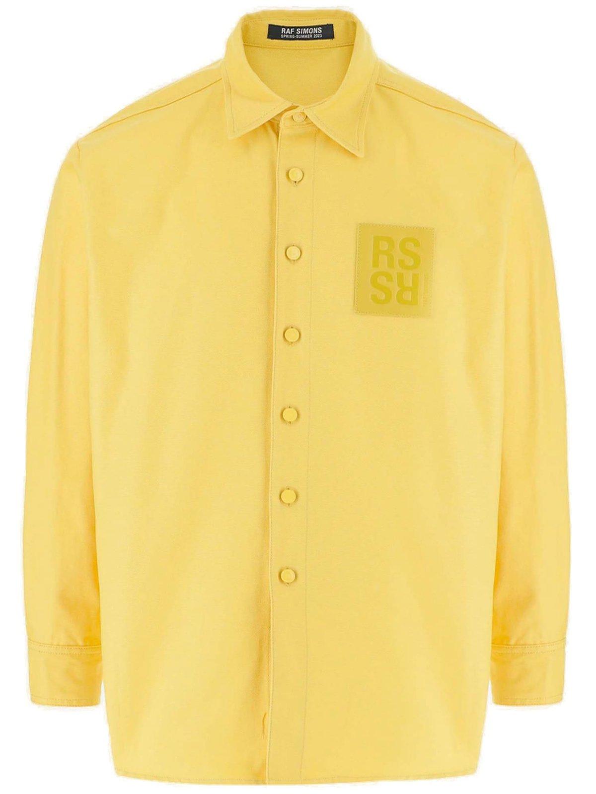 Shop Raf Simons Logo Patch Buttoned Denim Shirt In Yellow