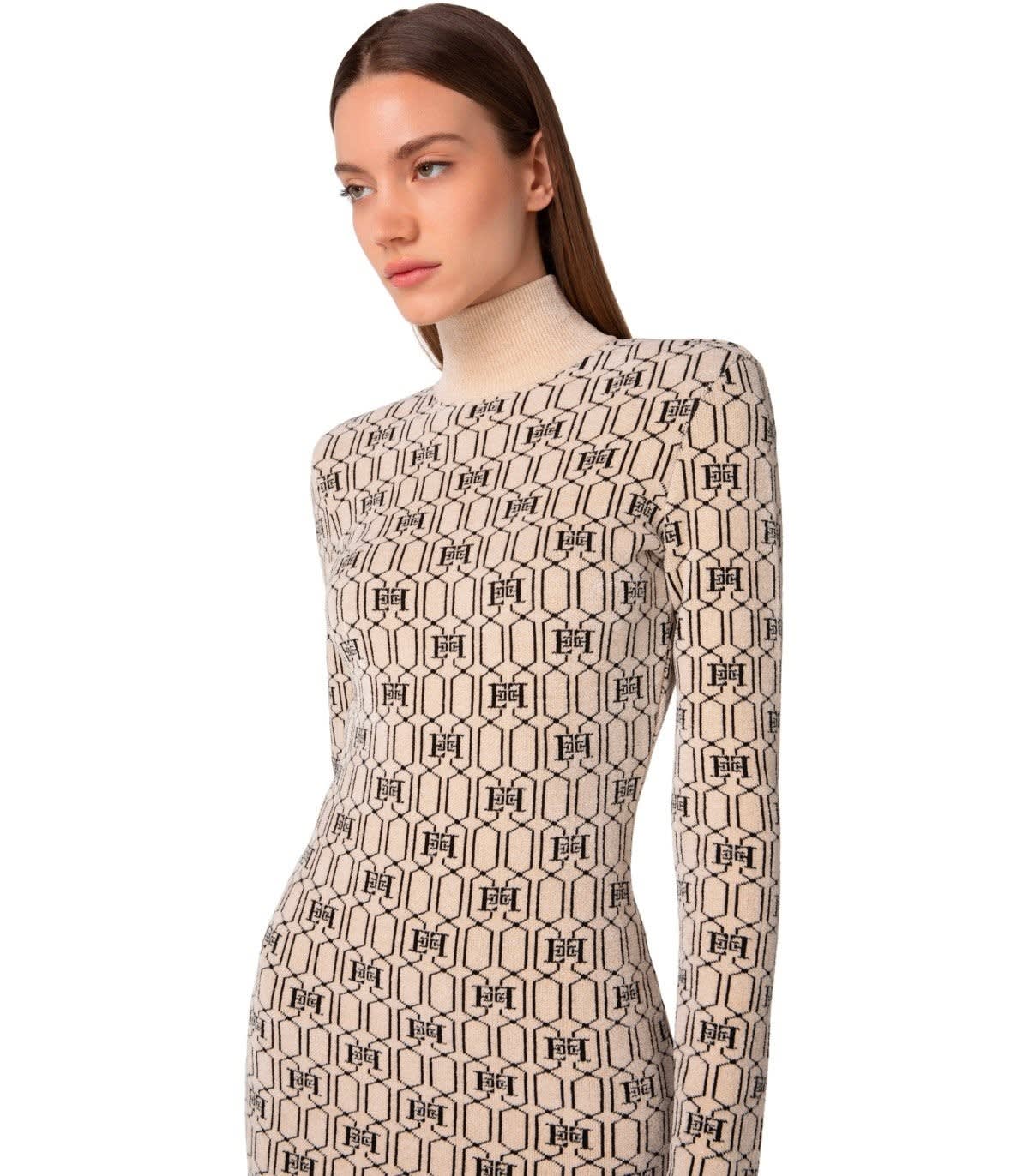 Shop Elisabetta Franchi Dress In Chenille With Logo In Champagne