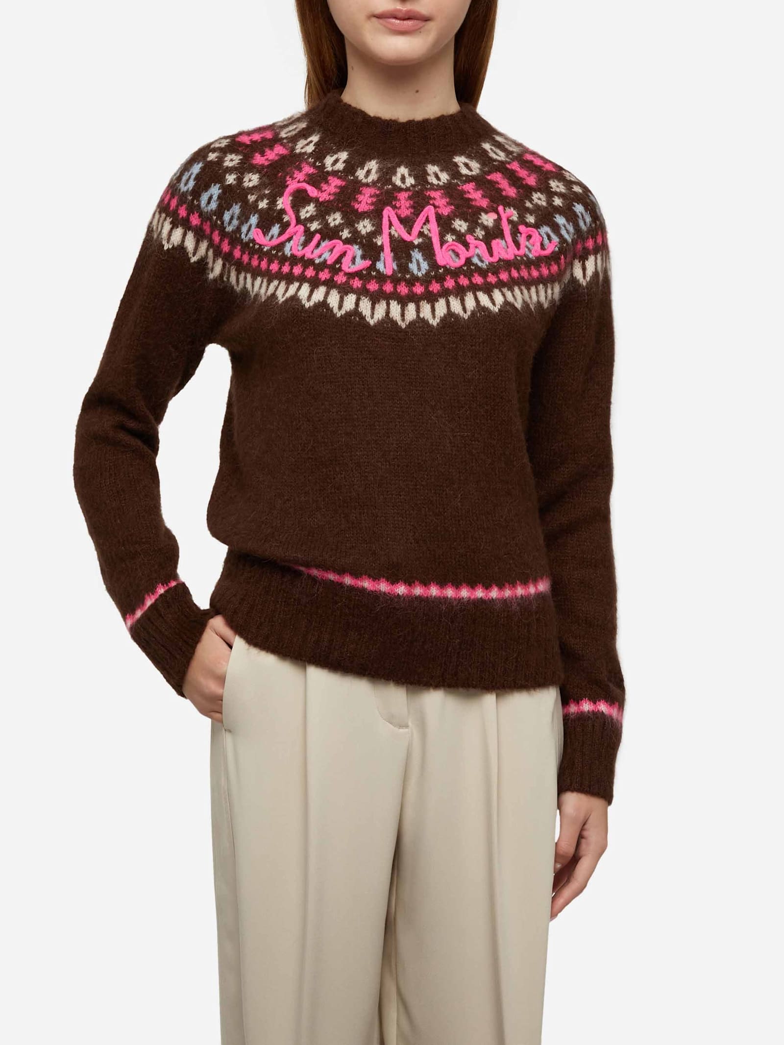 Brown Sweater Queen Nordic Soft With Fair Isle Jacquard And Sun Moritz Embroidery