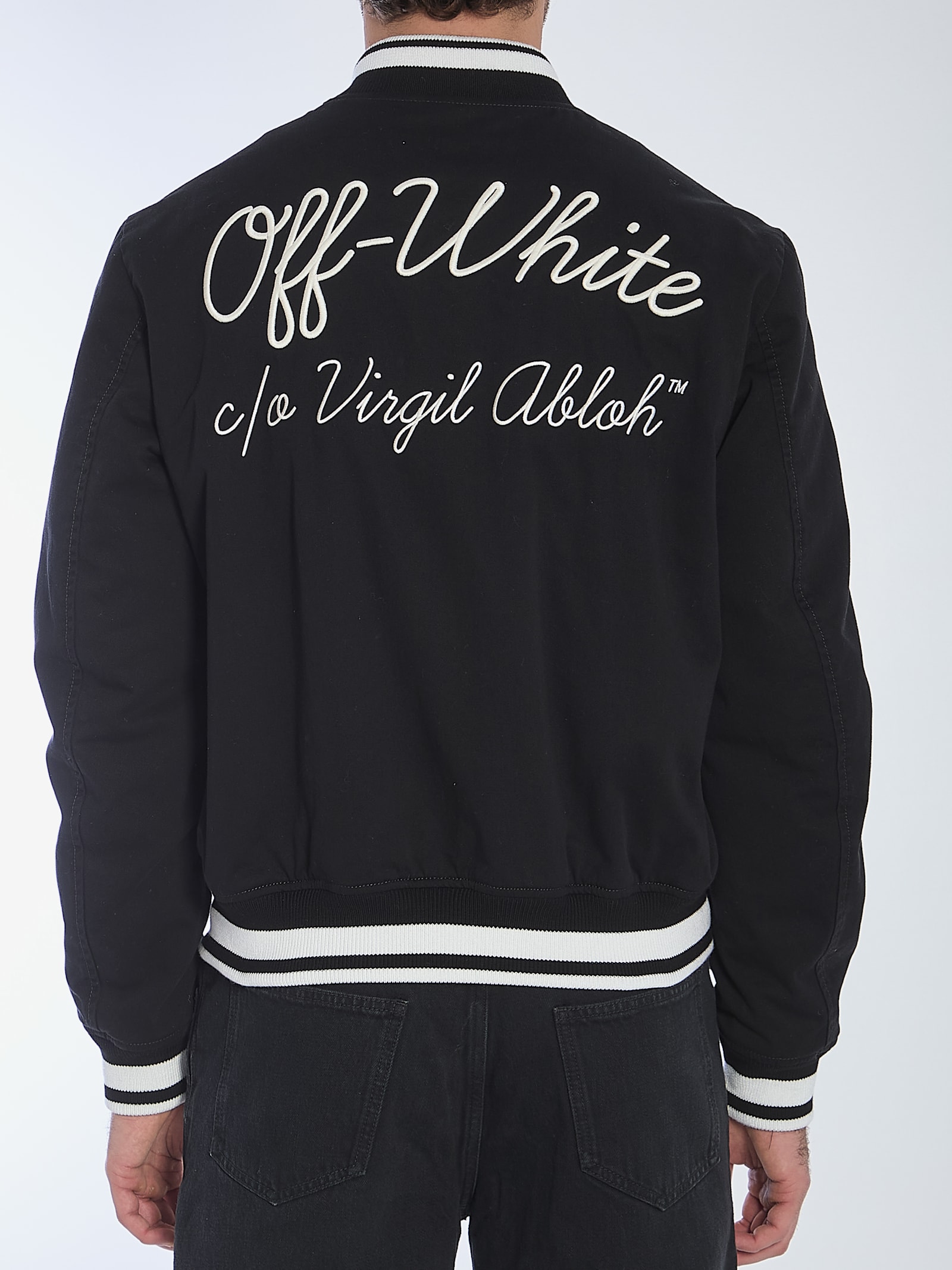 Off-white College Satin Souvenir Bomber Jacket In Black/white