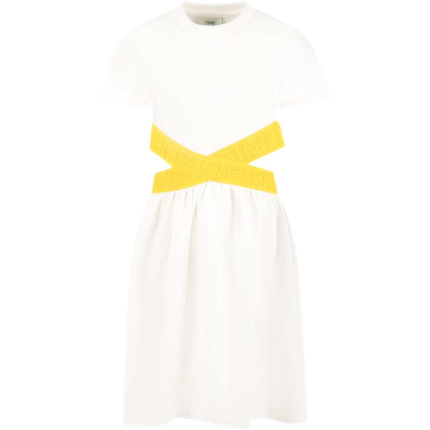 Fendi White Dress For Girl With Yellow Logo