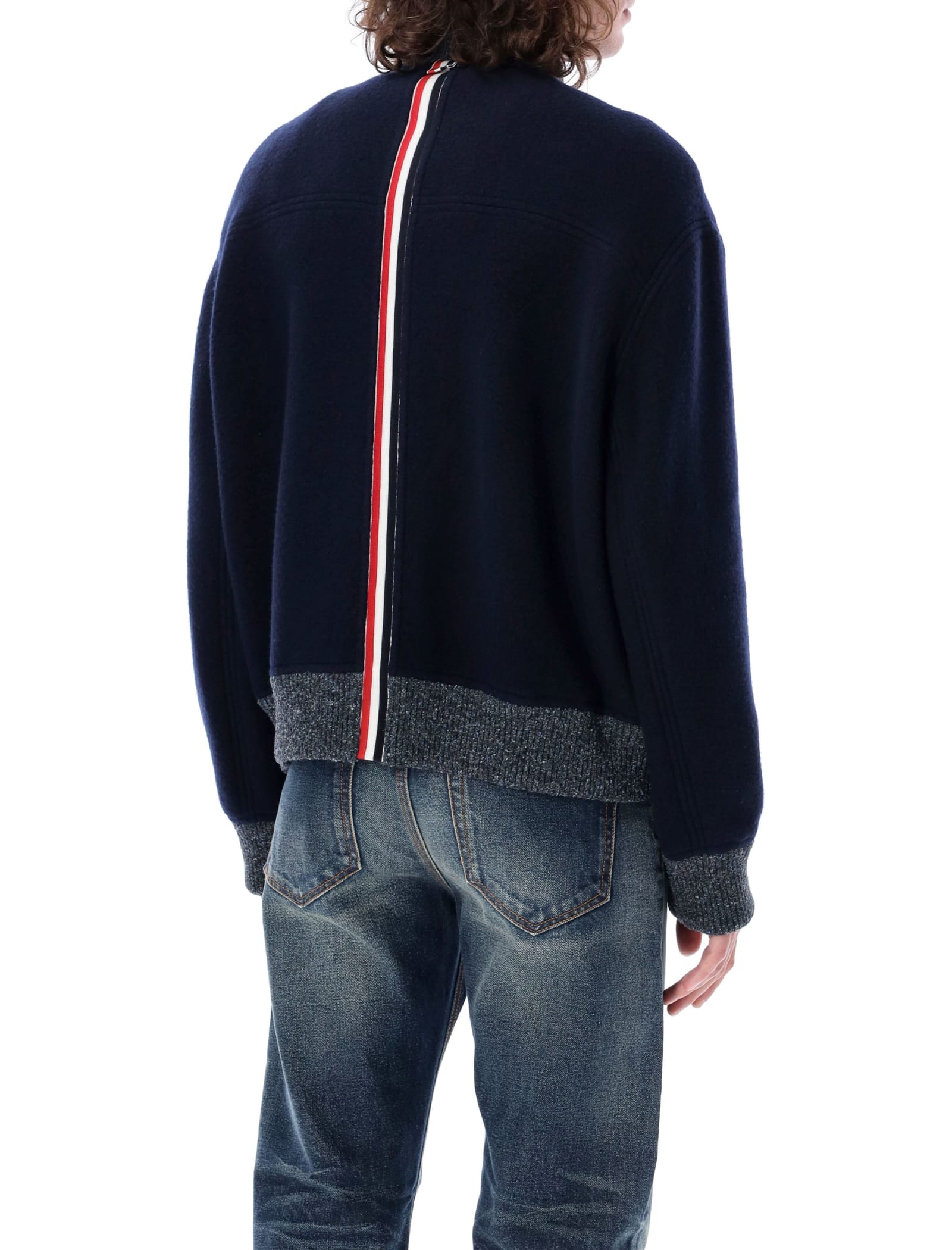 Shop Thom Browne Wool Bomber Jacket With Rwb Stripe In Navy