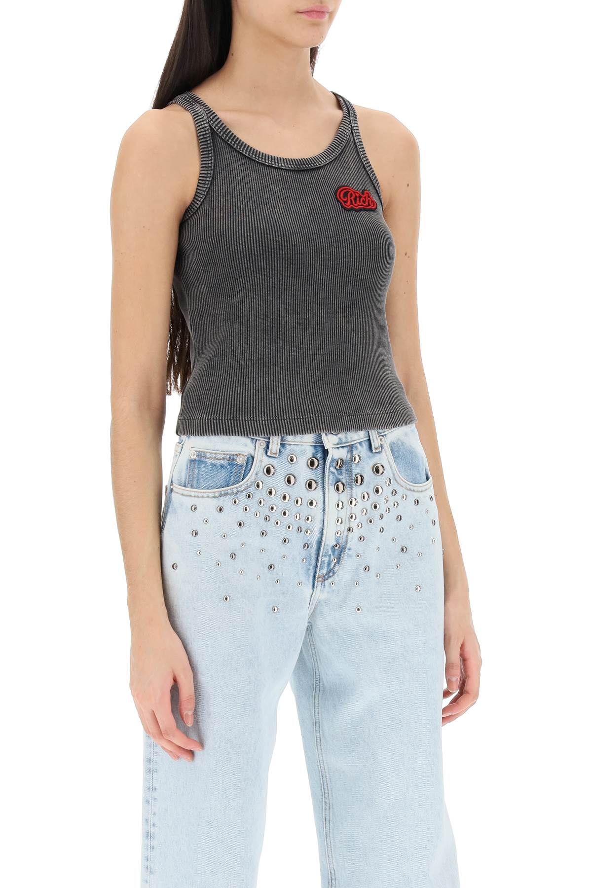 Alessandra Rich Ribbed Jersey Sleeveless Top W/ Patch In Grey