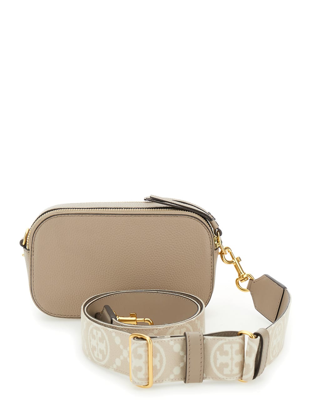 Shop Tory Burch Miller Mini Beige Crossbody Bag With Logo Detail In Leather Woman In Grey