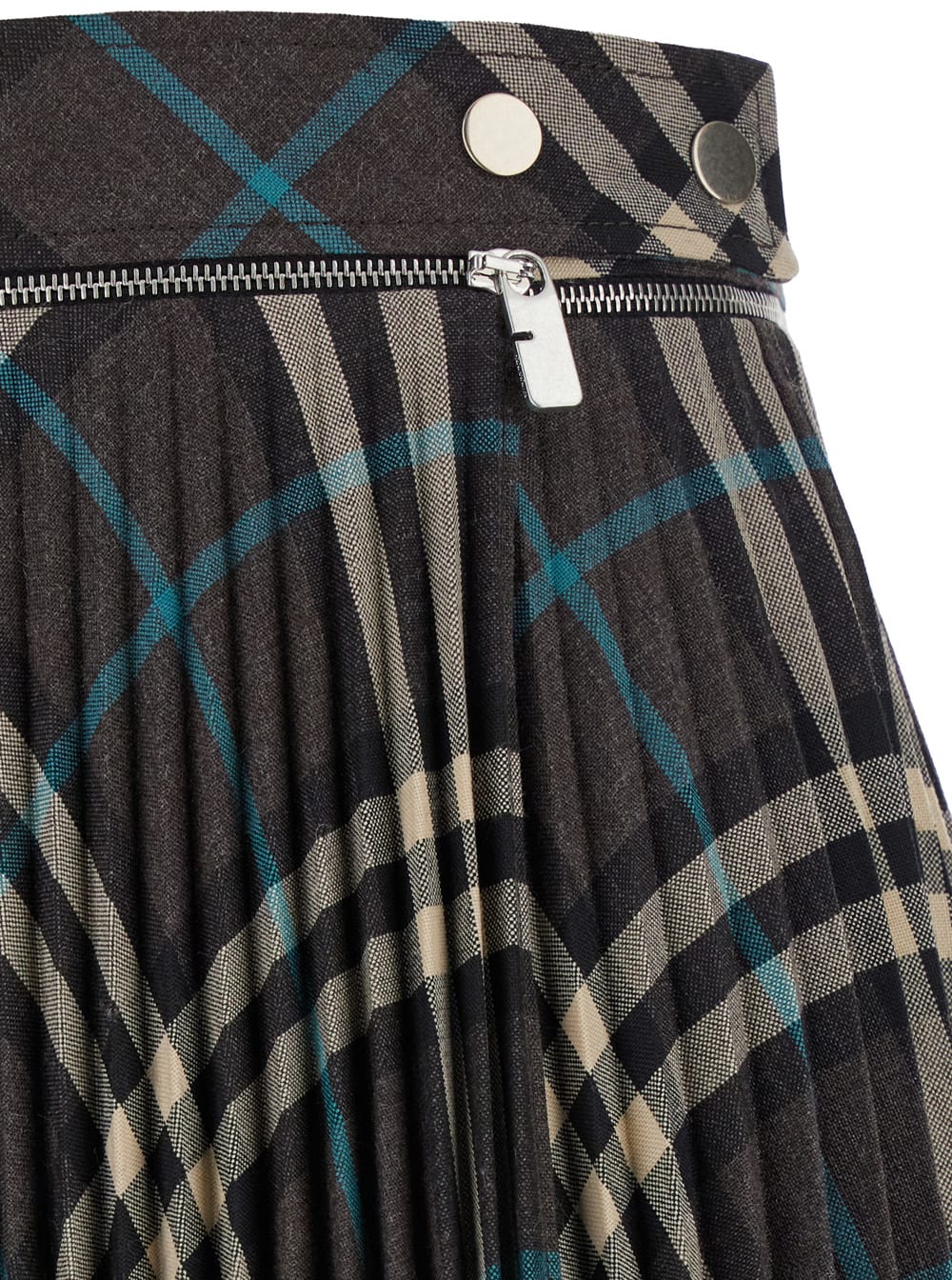 Shop Burberry Long Multicolor Pleated Skirt With Check Motif In Wool Blend Woman In Grey