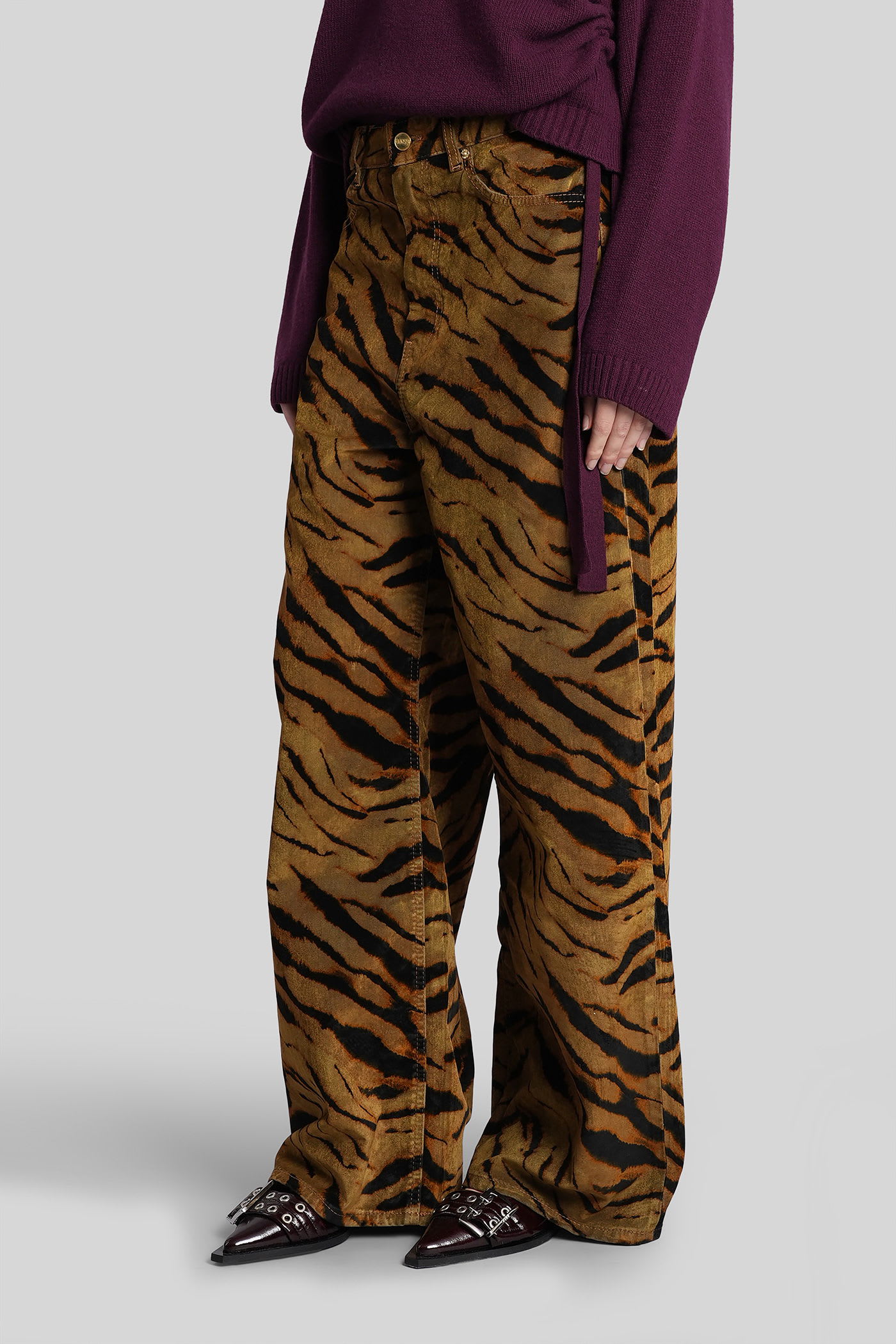 Ganni Printed Flock Denim Baggy In Brown