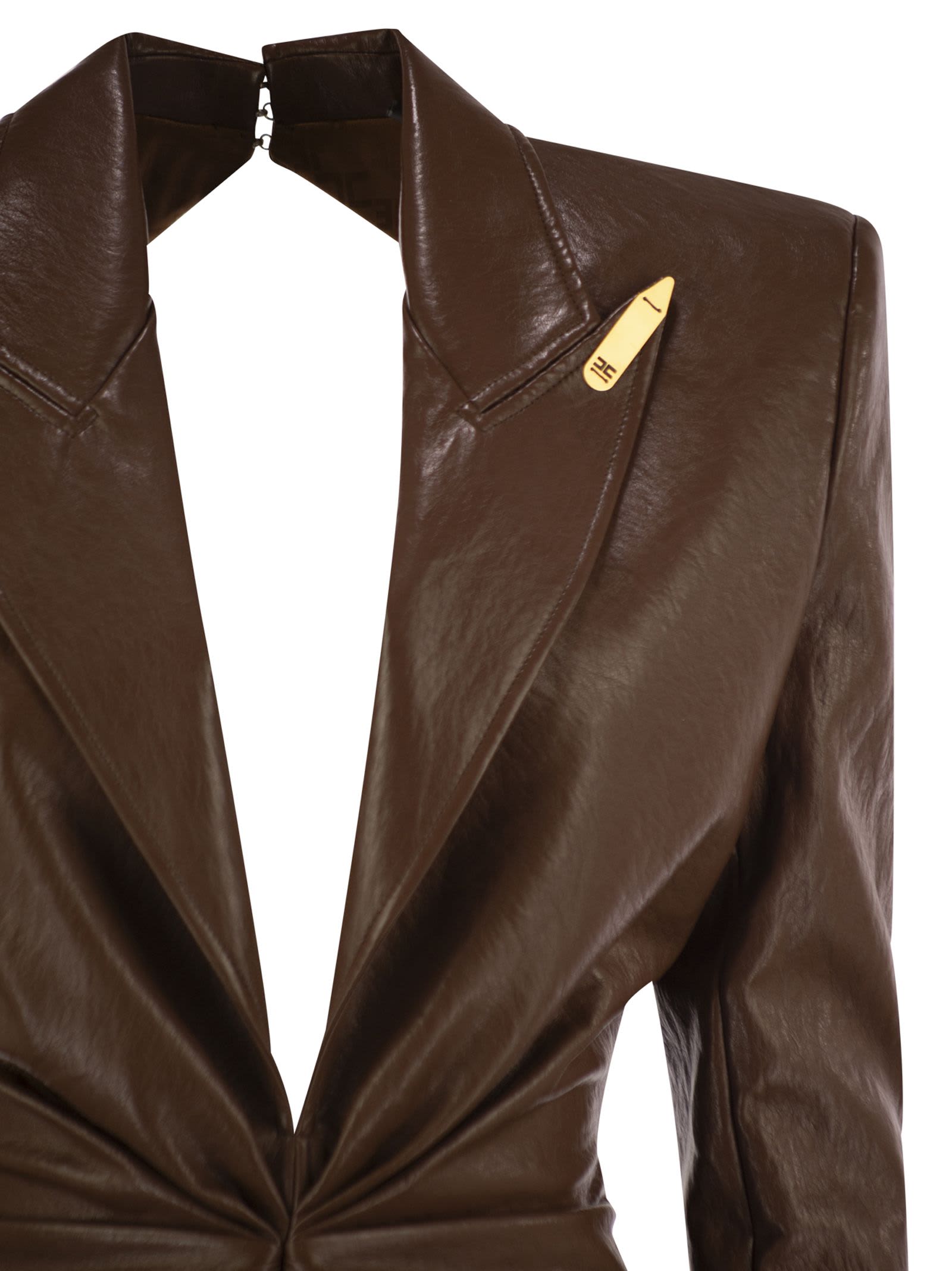 Elisabetta Franchi Crackled Leather-effect Dress With Lapels In Brown